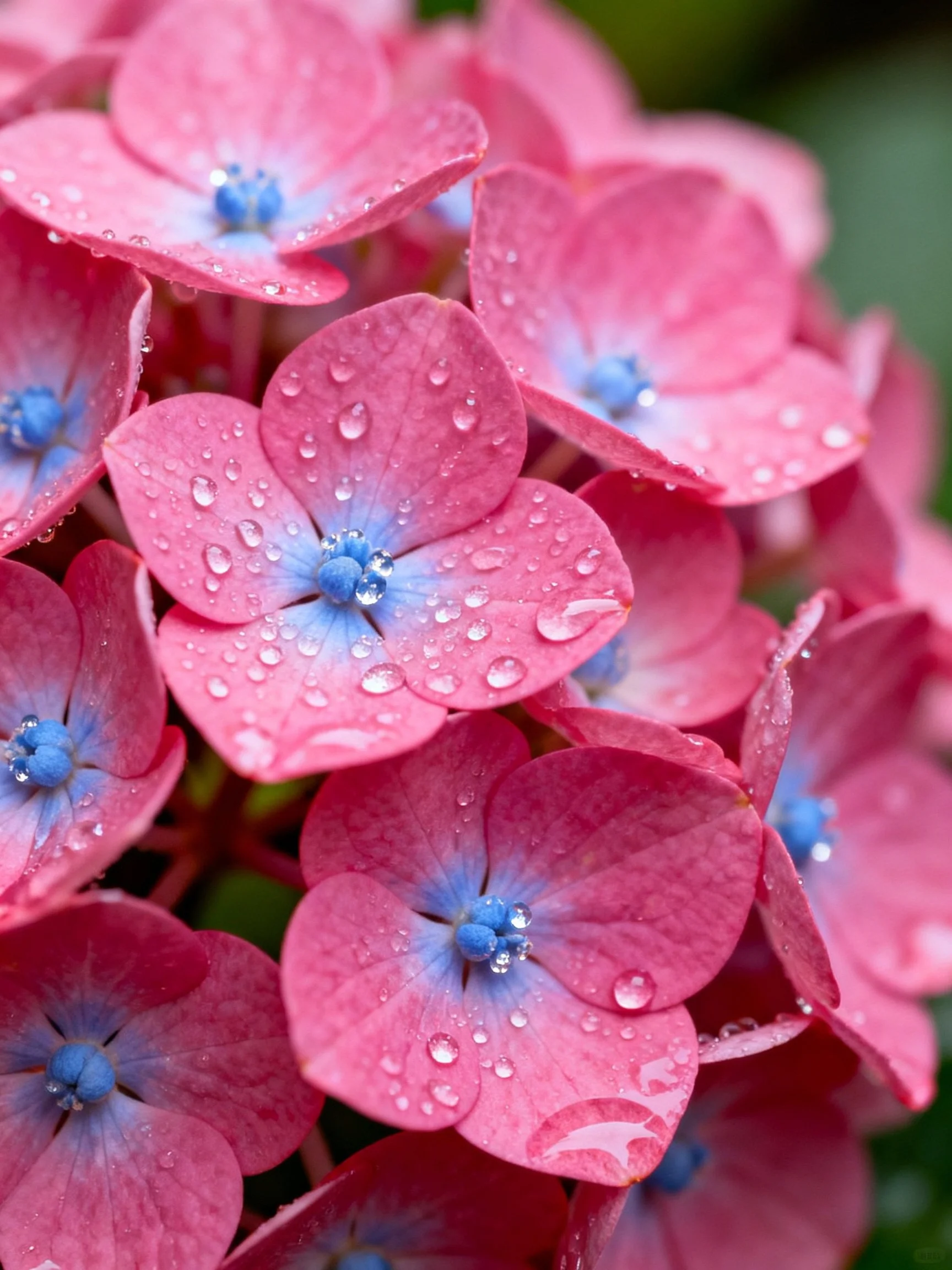 Pink hydrangeas with blue centers and water droplets