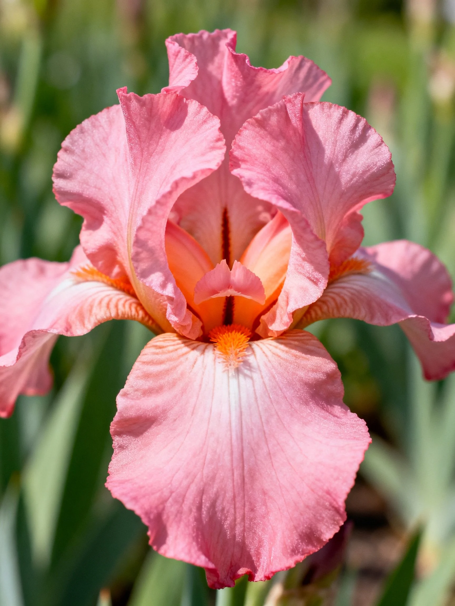 Pink iris flower with orange accents and ruffled petals