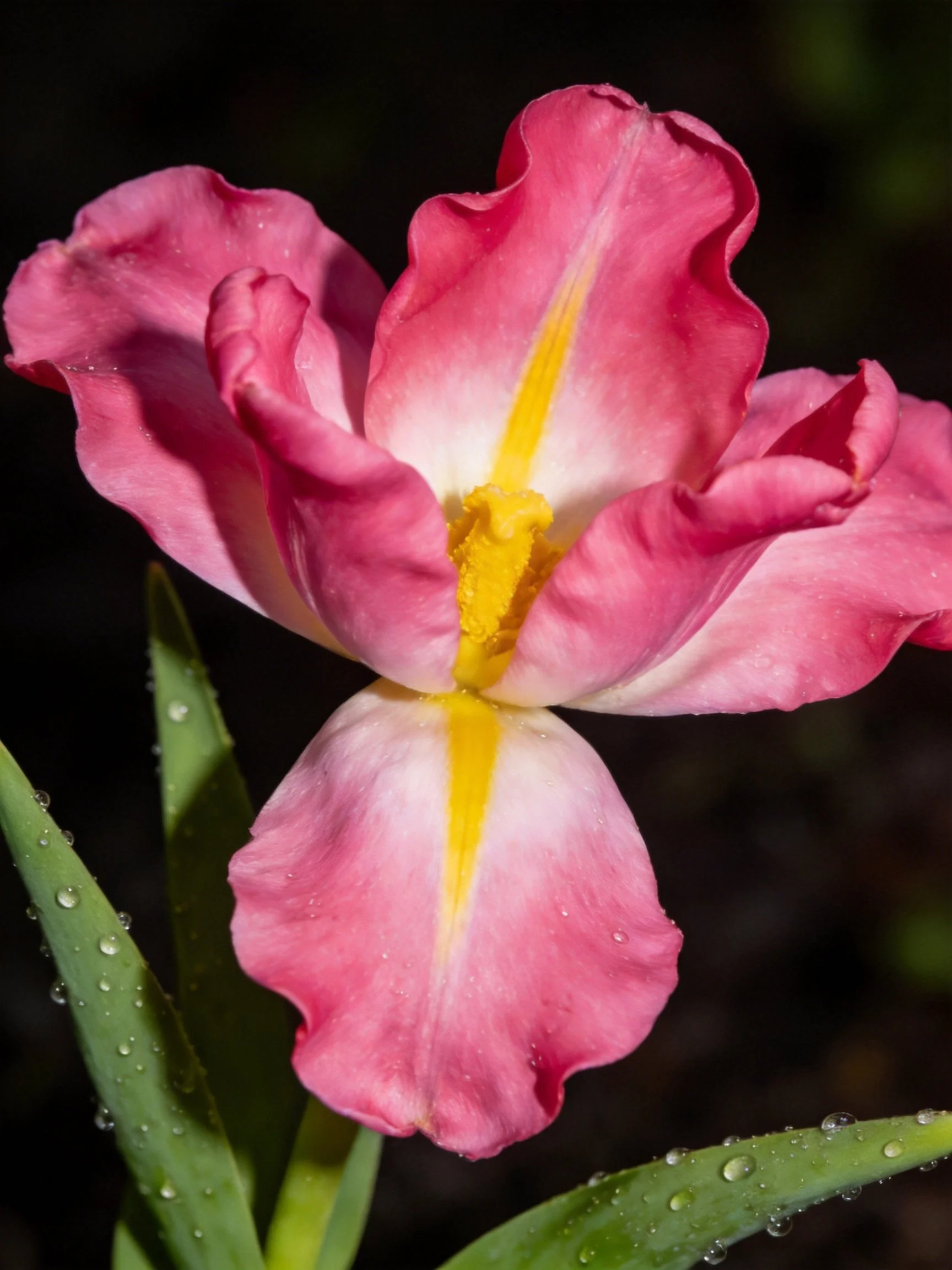 Pink iris flower with yellow stamens and dewy green leaves