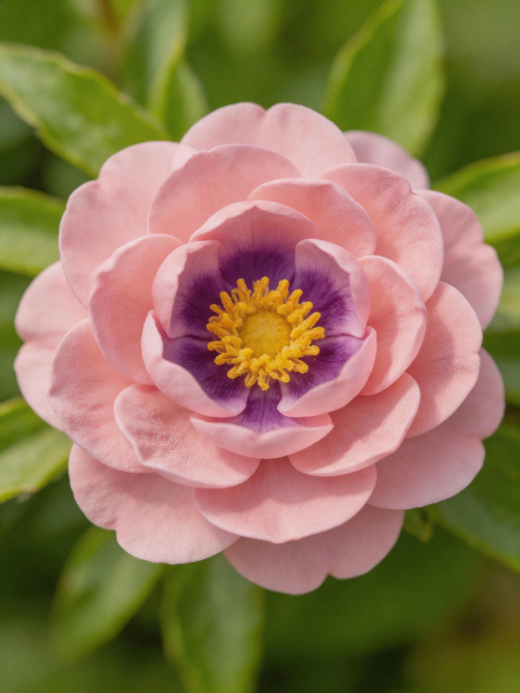 Pink layered flower with purple center and yellow stamens