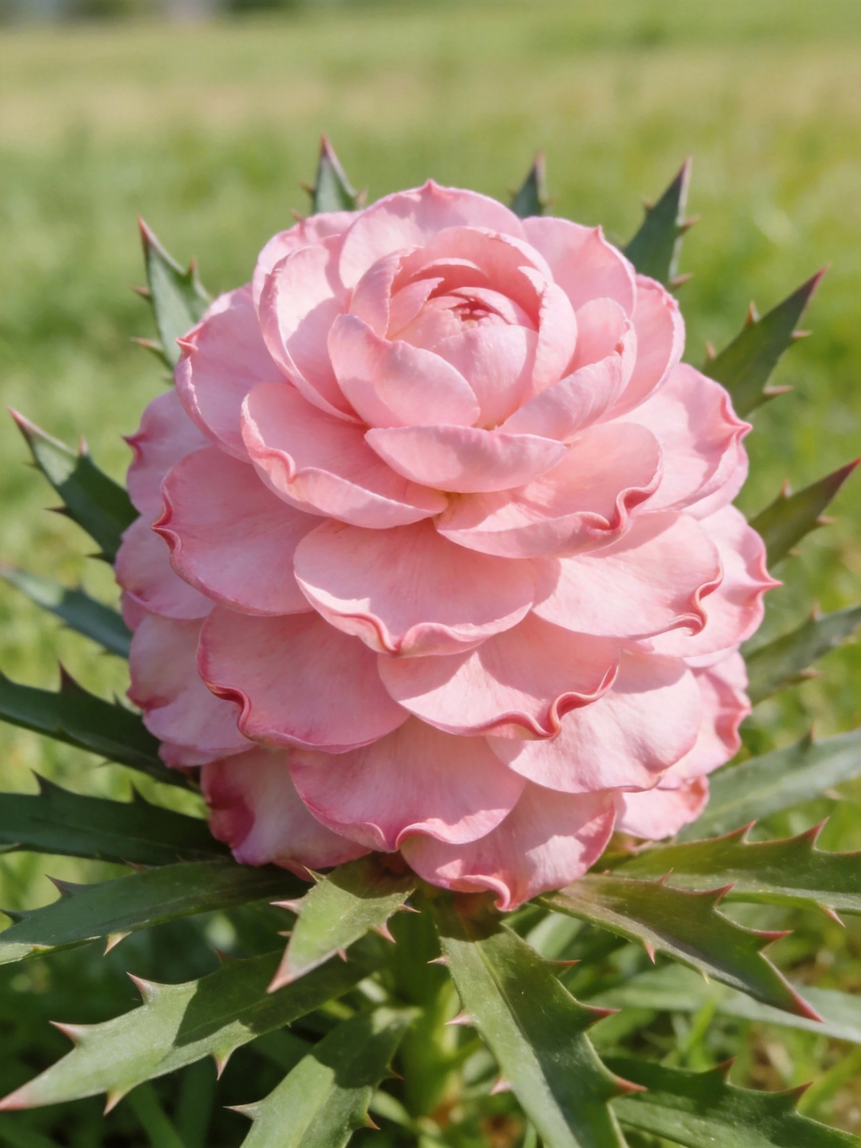 Pink layered flower with spiky green leaves