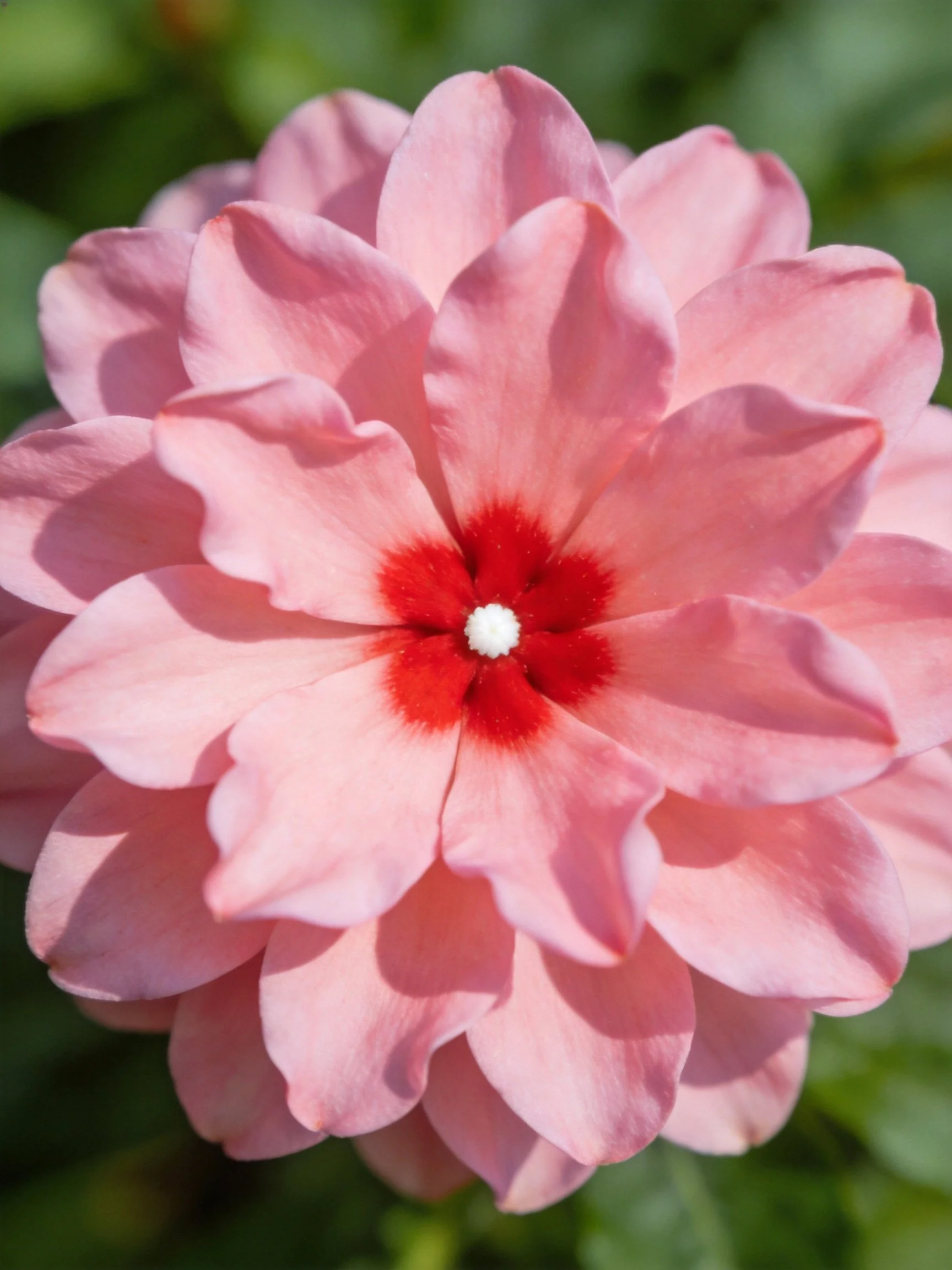 Pink layered flower with vibrant red center