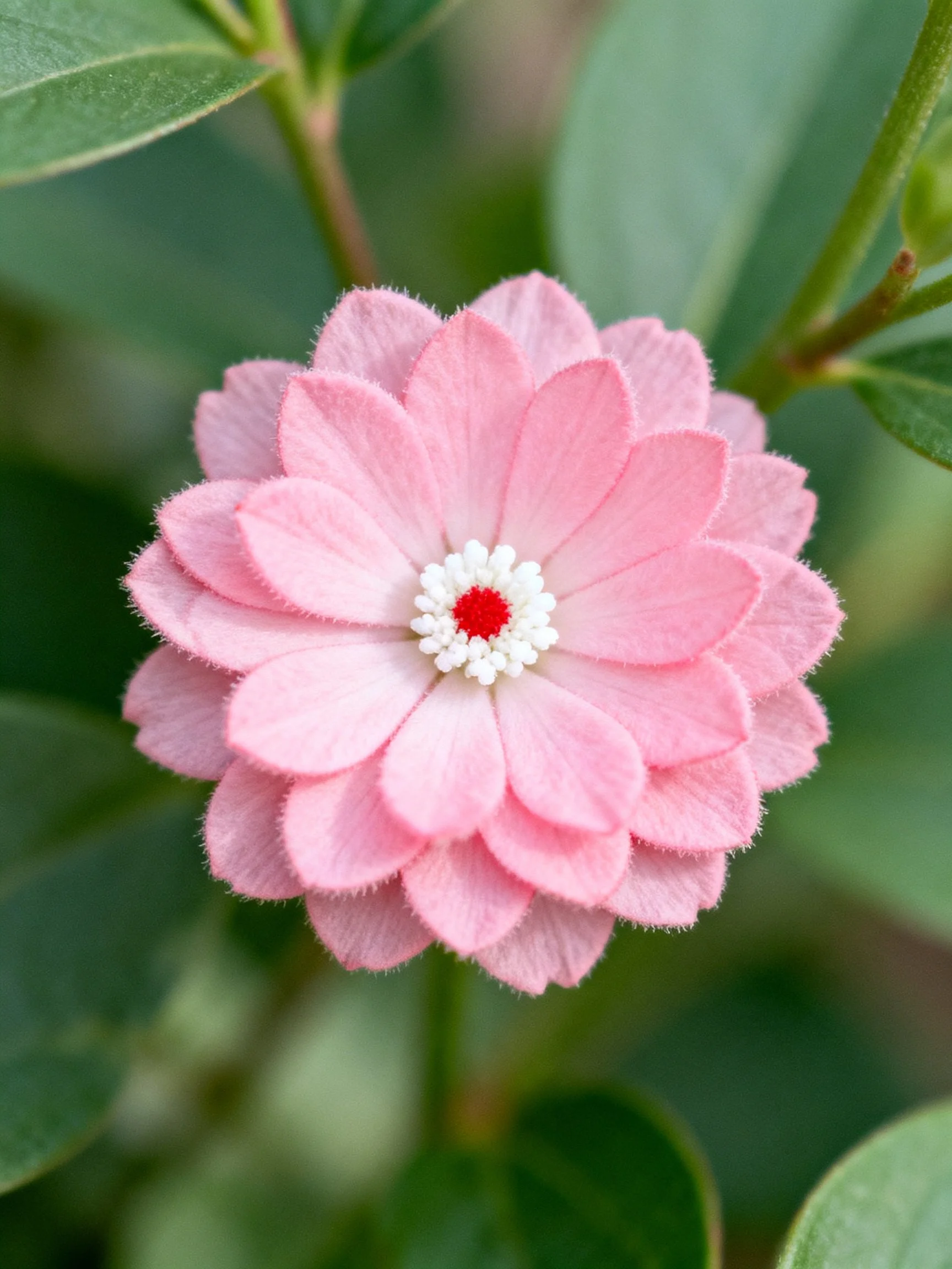 Pink layered flower with white and red center amid green leaves