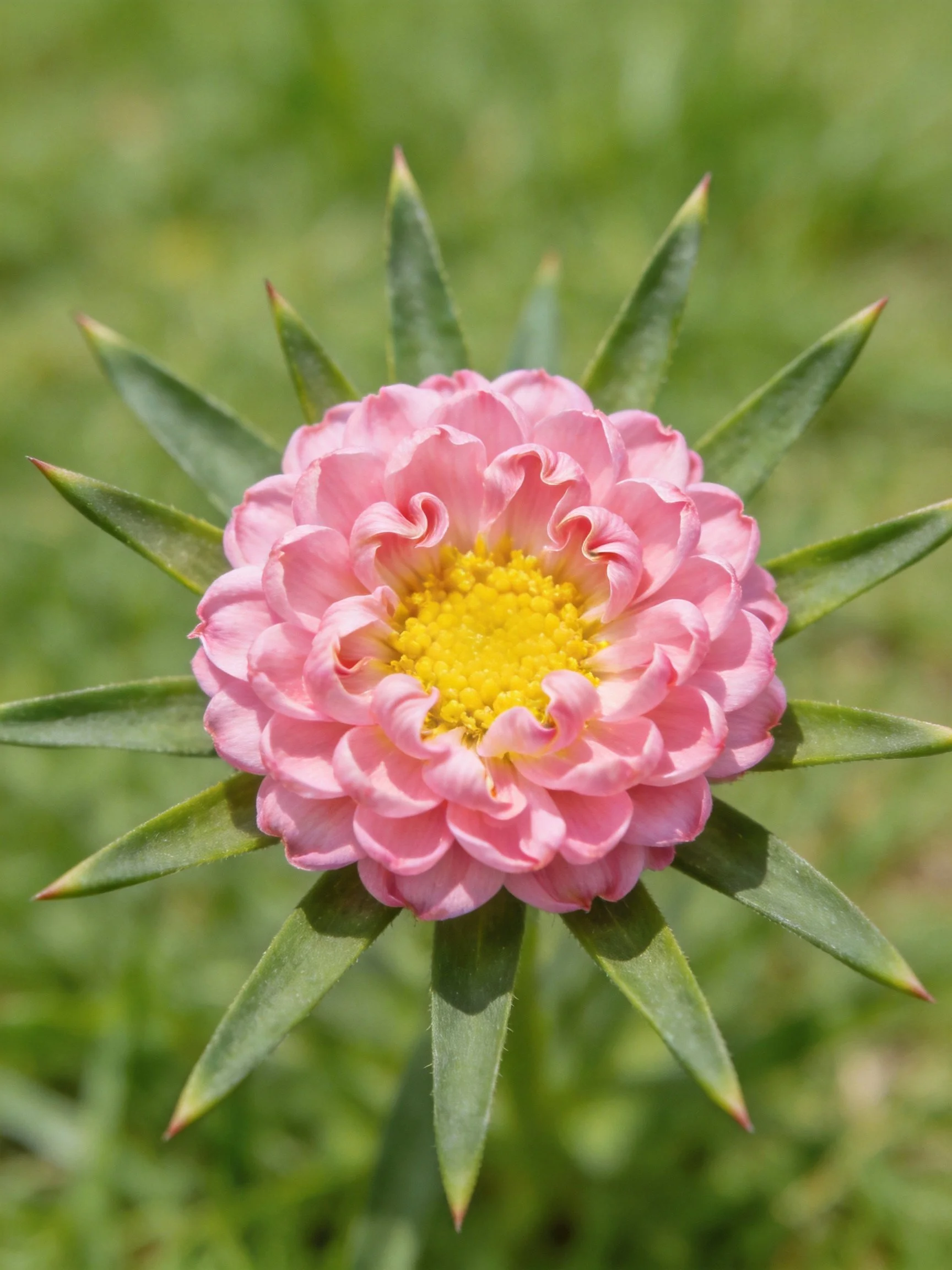 Pink layered flower with yellow center and sharp green leaves