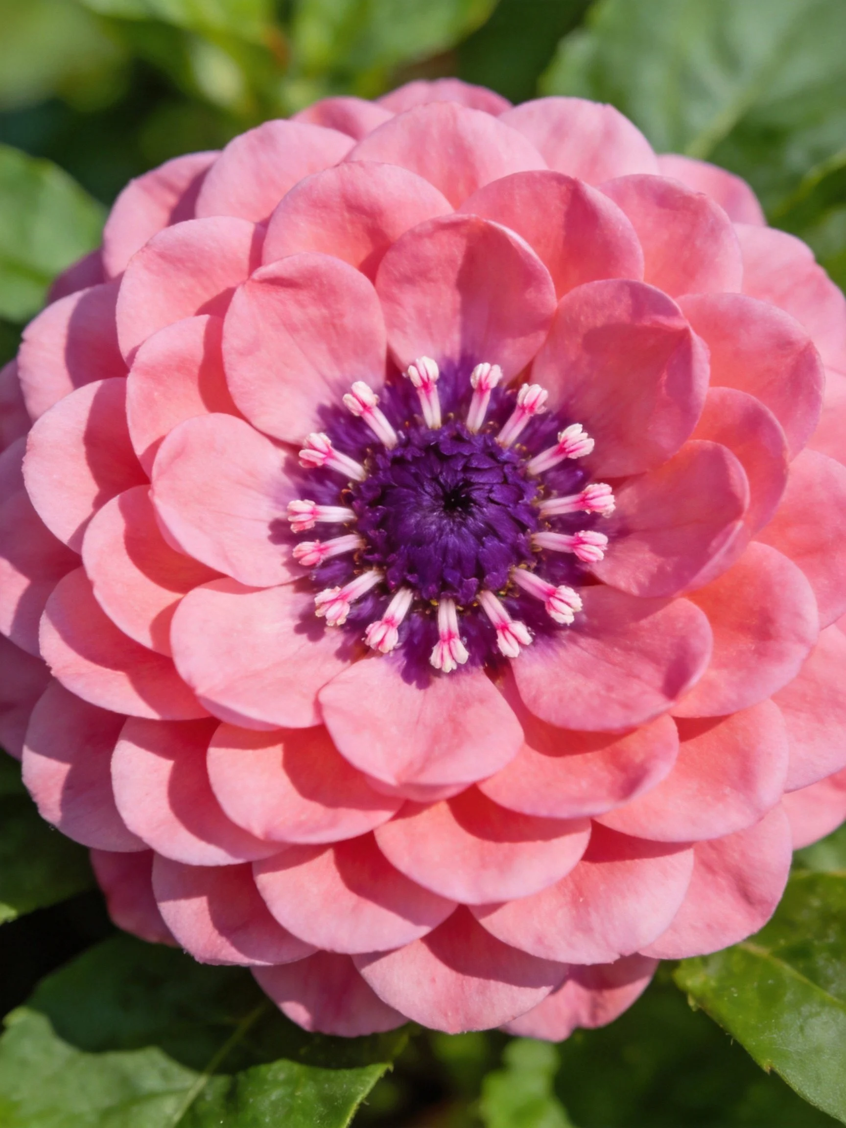Pink layered petals encircle a dark purple central core