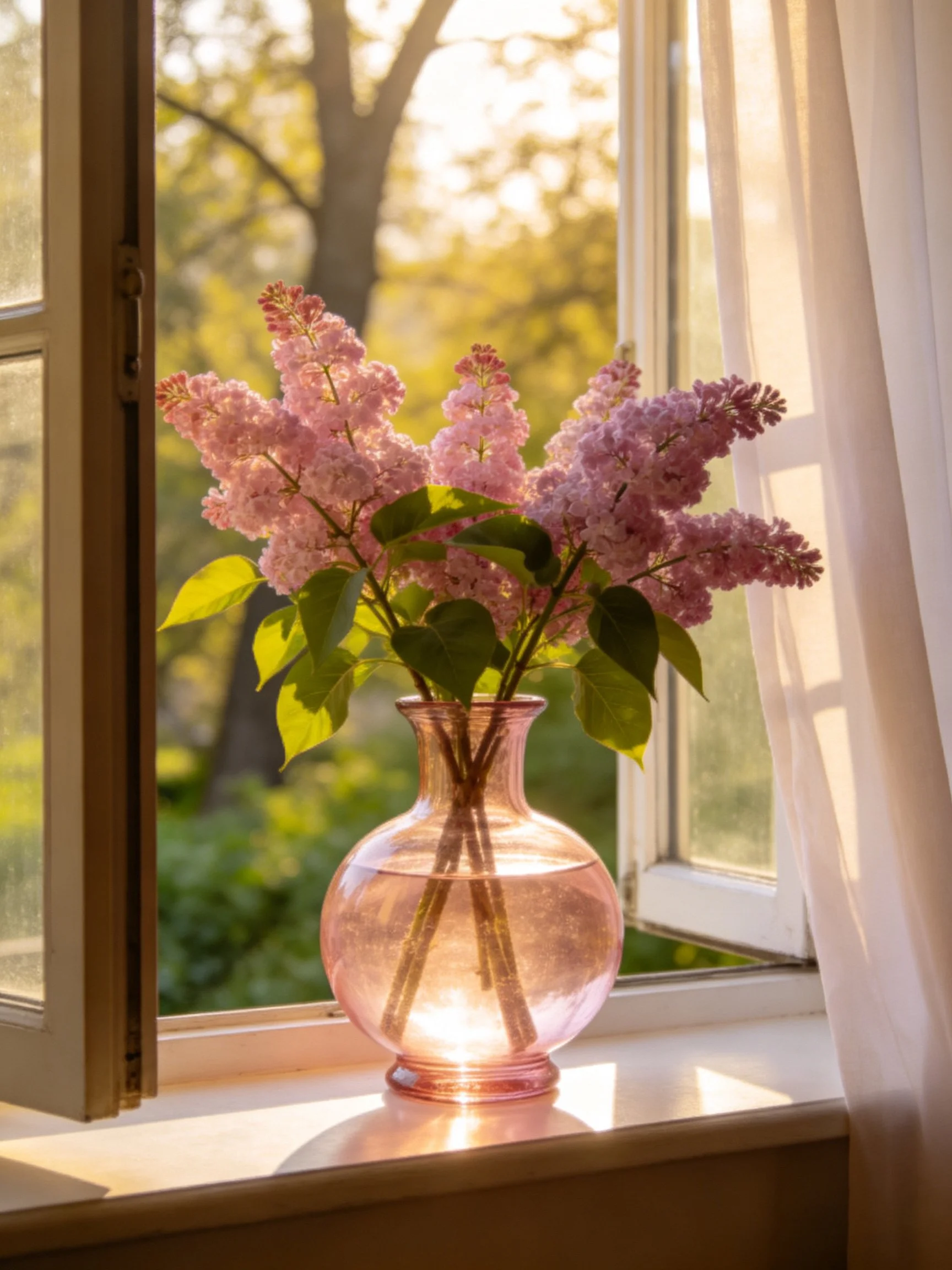 Pink lilac flowers in a glass vase on an open window sill