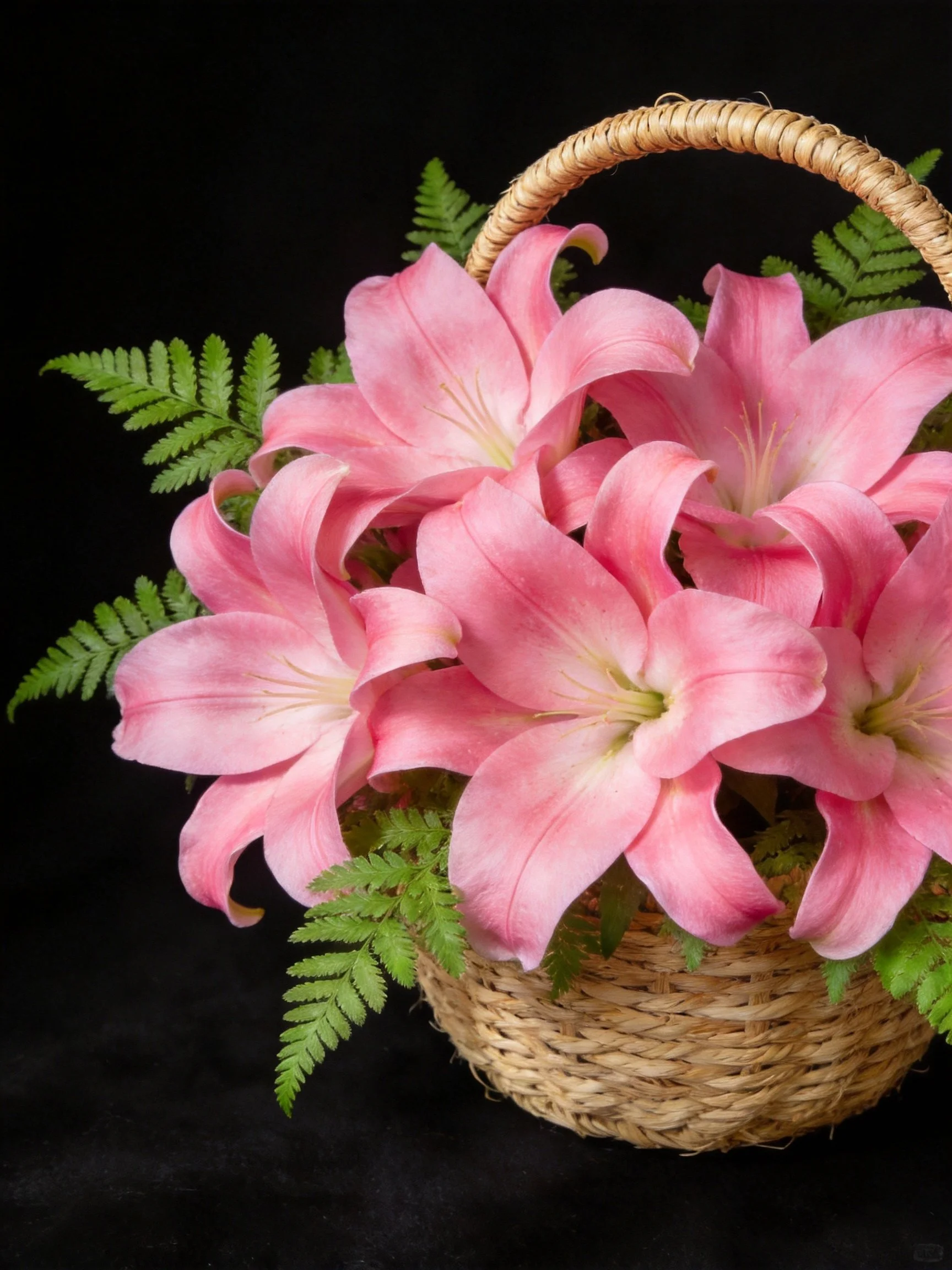 Pink lilies and green ferns arranged in a woven basket