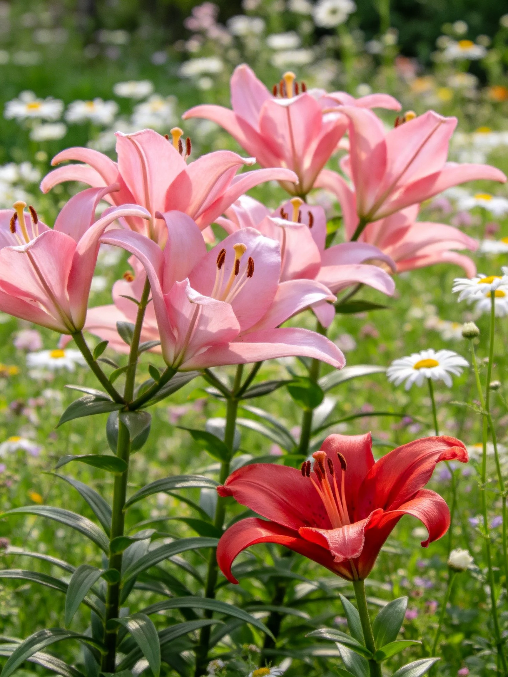 Pink lilies, red lily, and white daisies bloom in a sunny garden