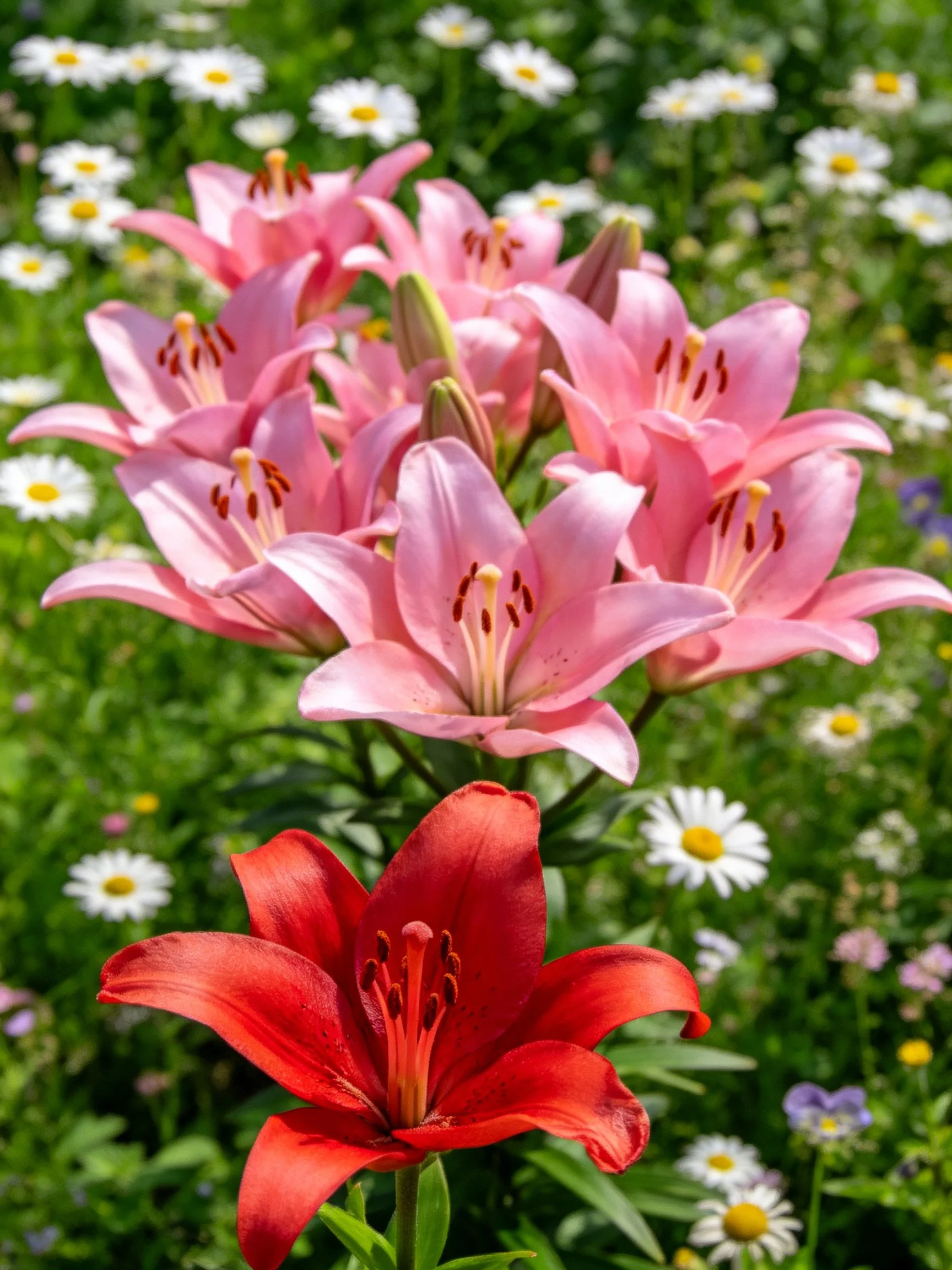 Pink lilies, red lily, and white daisies in a green meadow