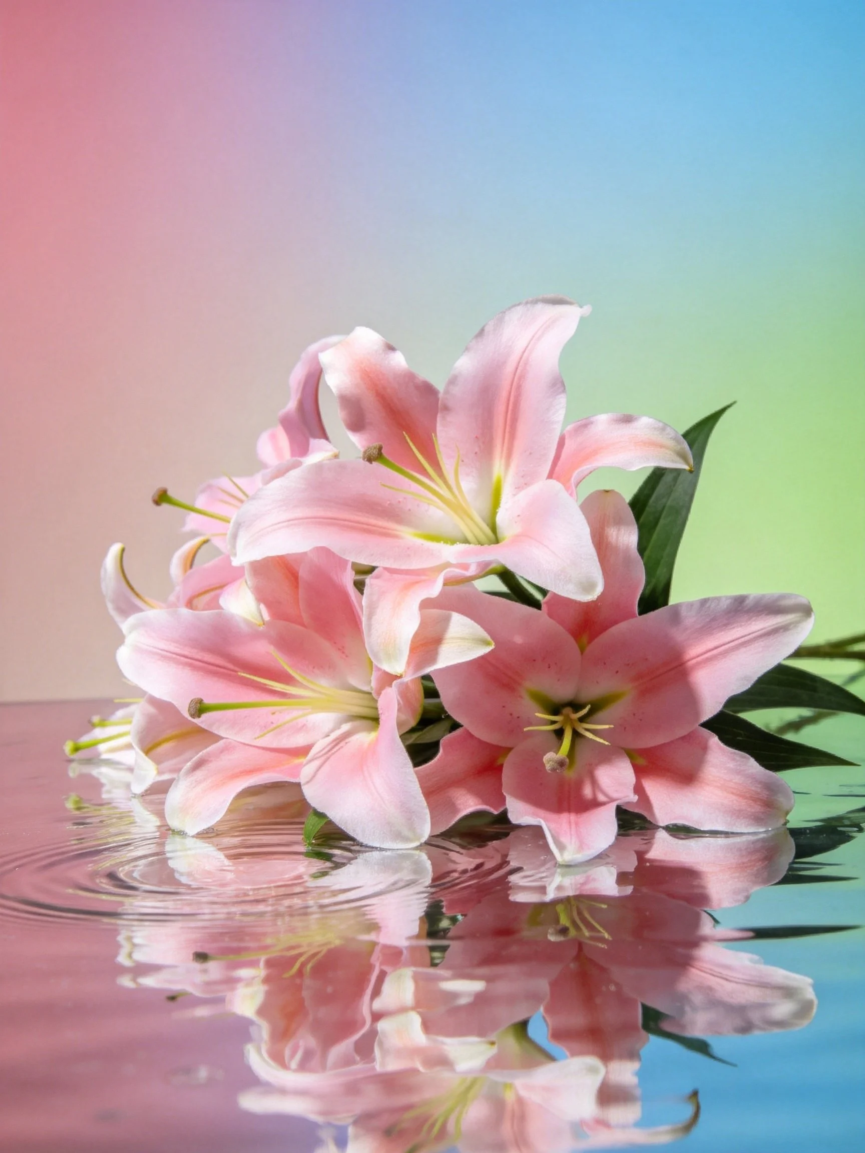 Pink lilies reflected in water with colorful gradient backdrop