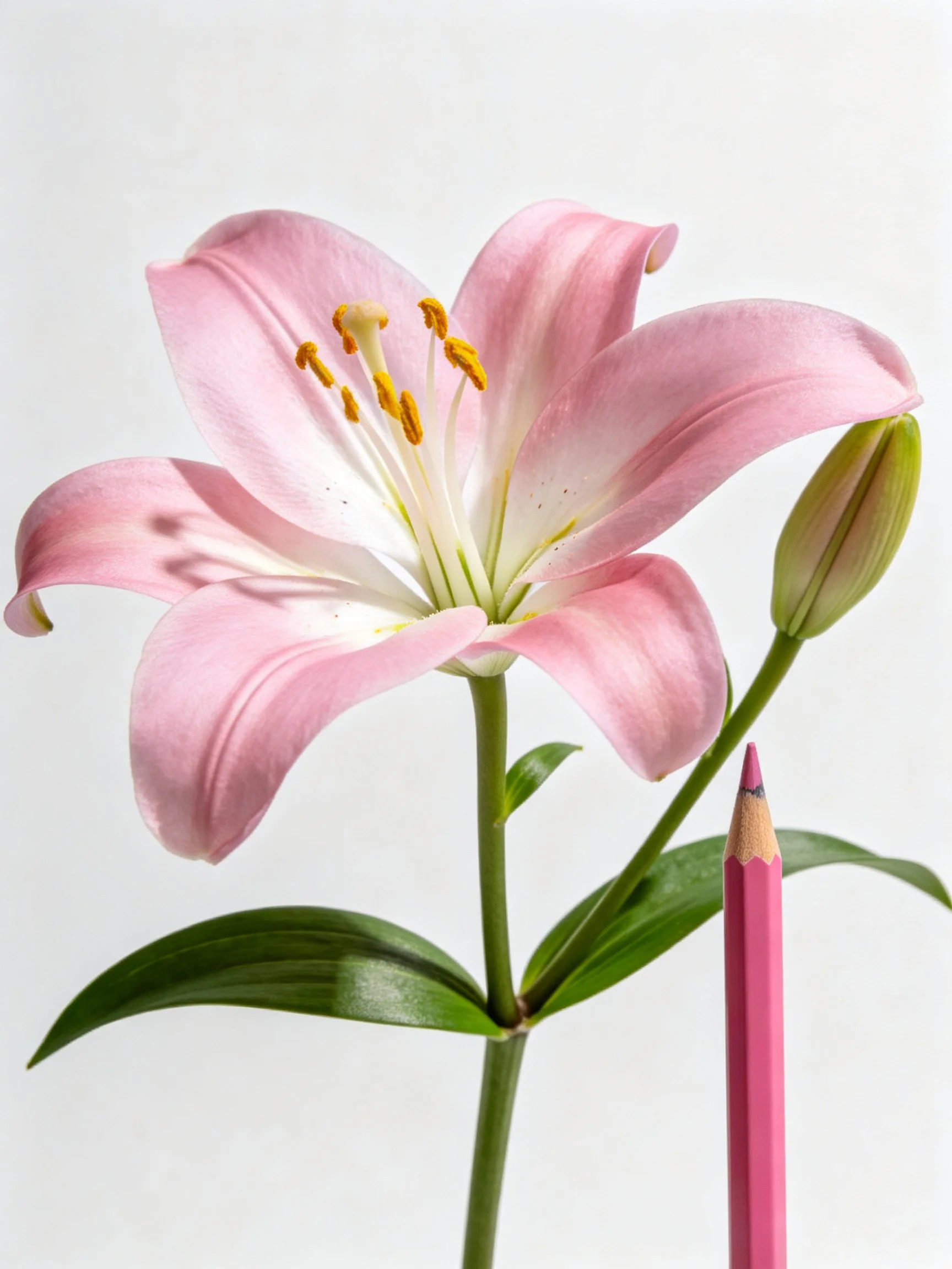 Pink lily flower with green stem and bud near pink pencil