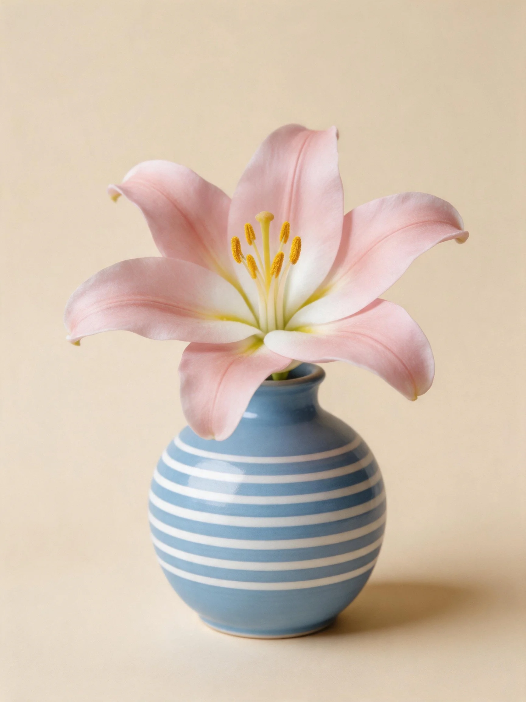 Pink lily in a blue striped round vase