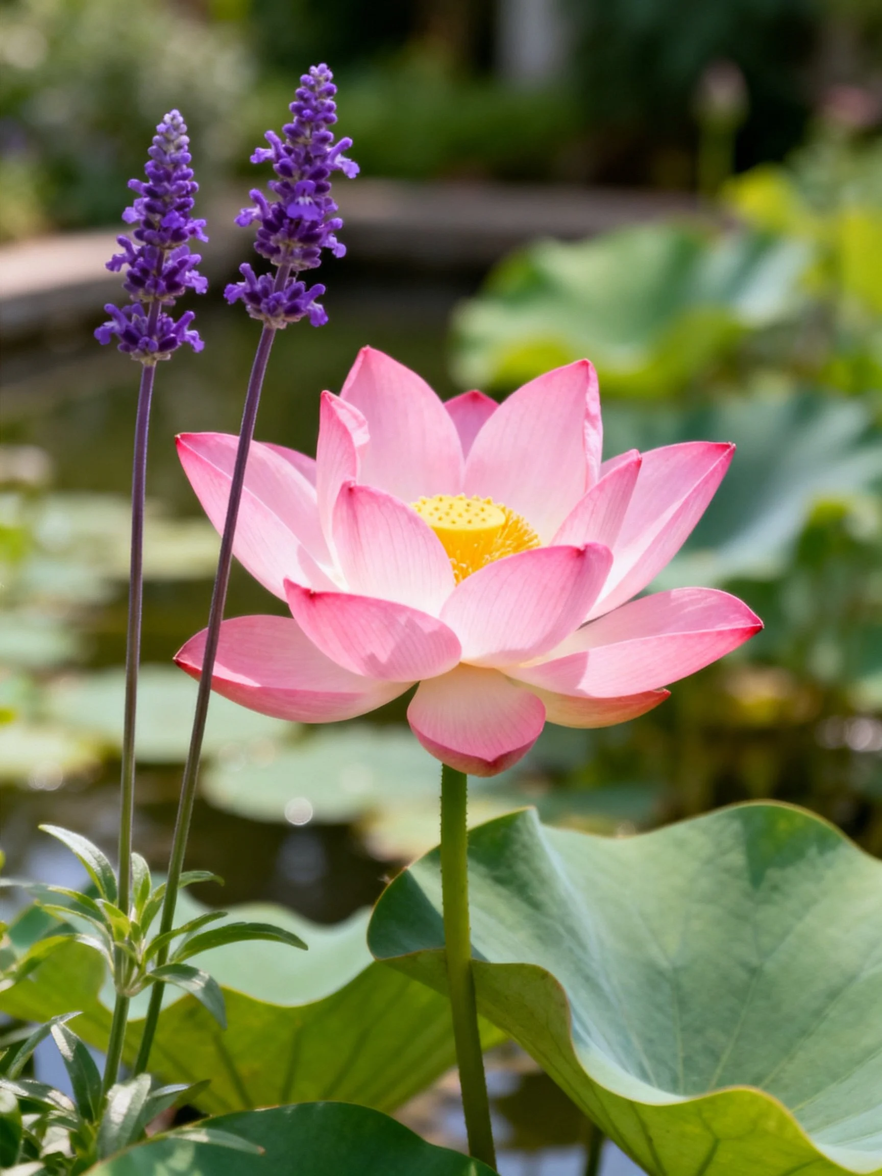 Pink lotus and purple lavender near green lily pads by a pond