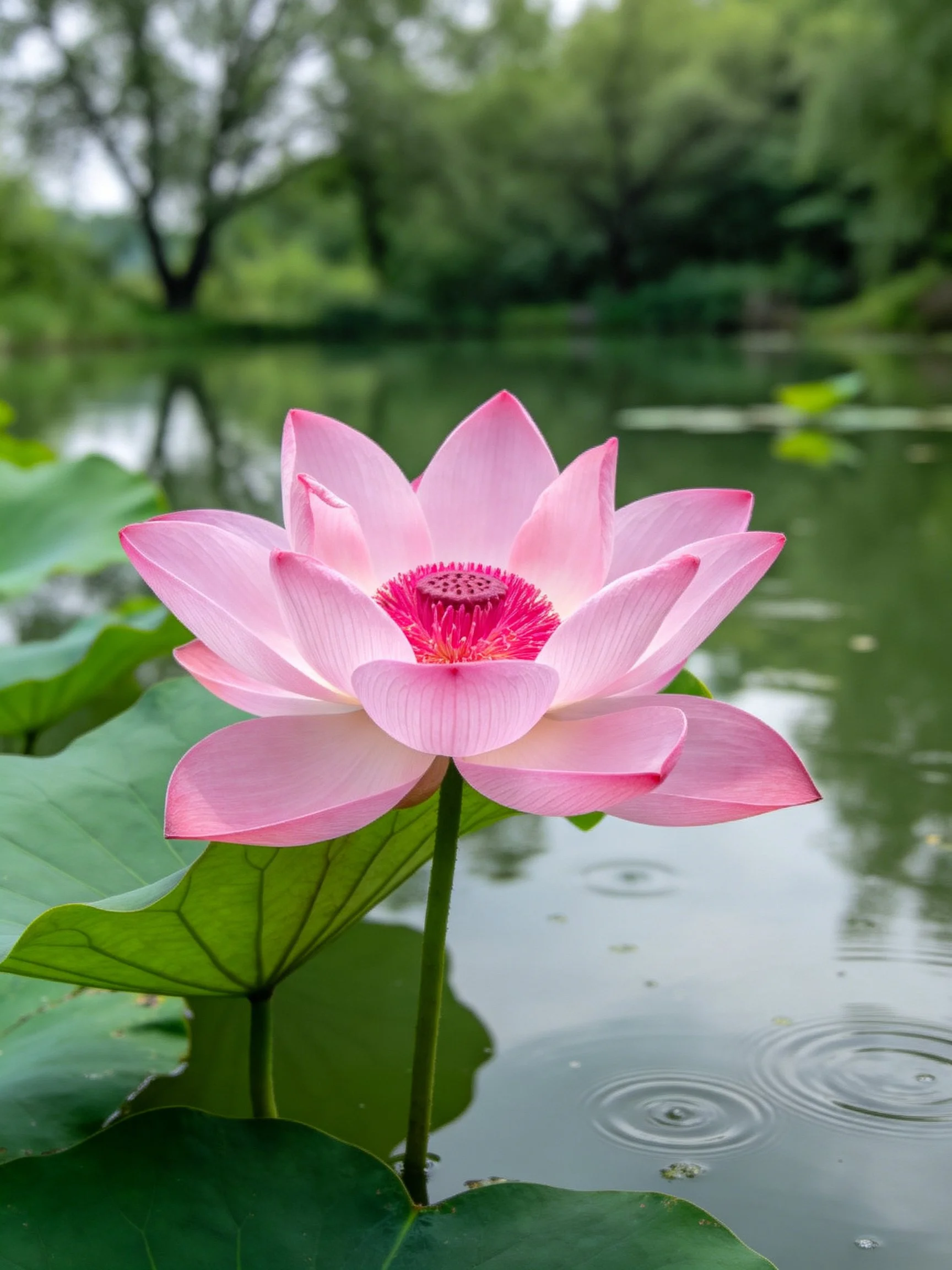 Pink lotus blooms by calm water with green foliage