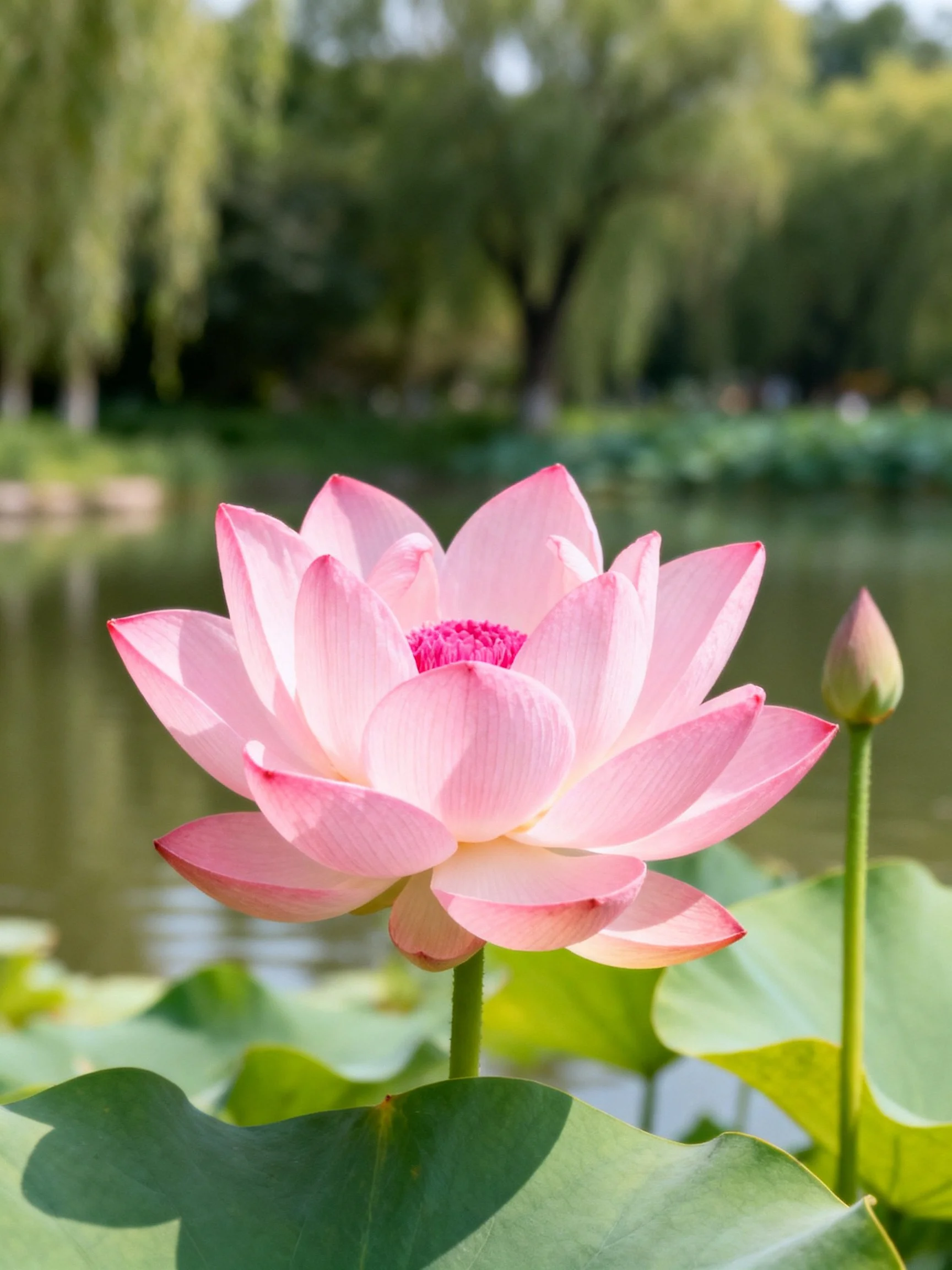 Pink lotus blooms near calm water with green foliage