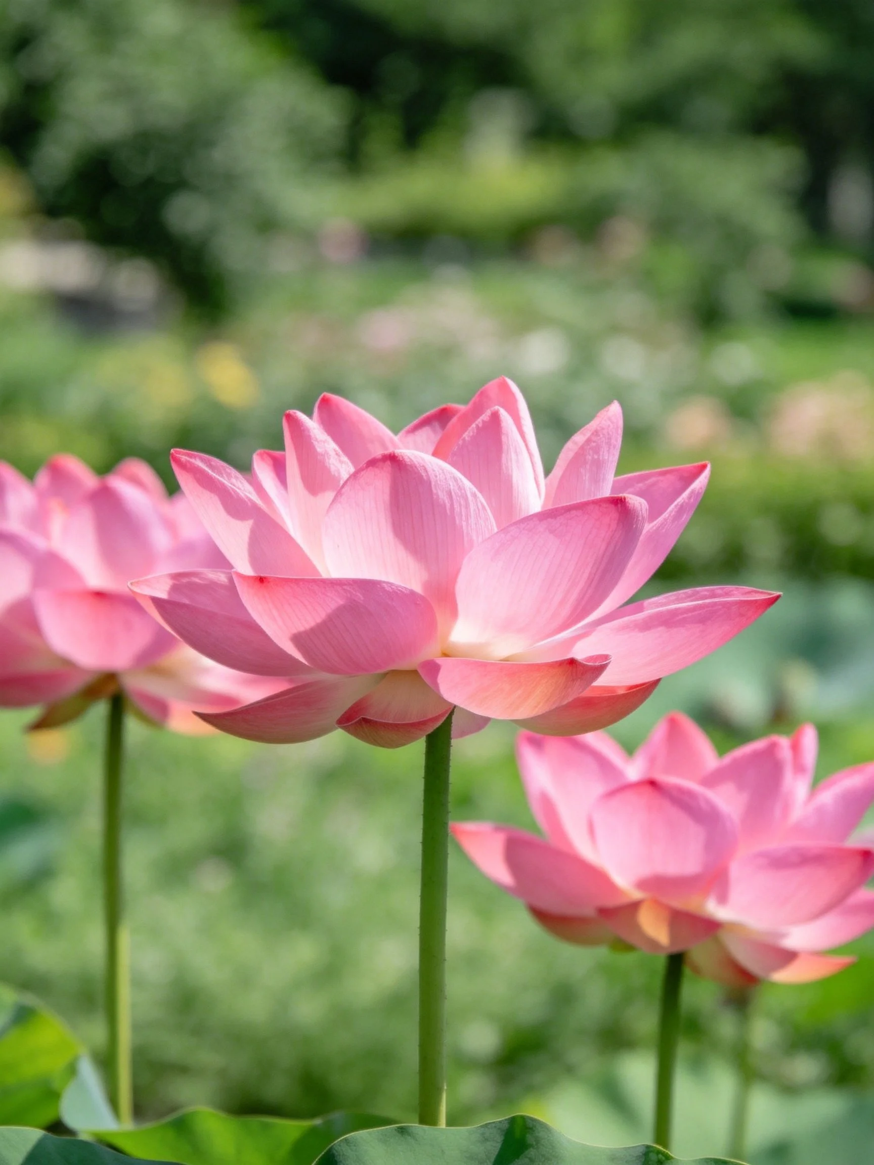Pink lotus blooms with greenery in a garden