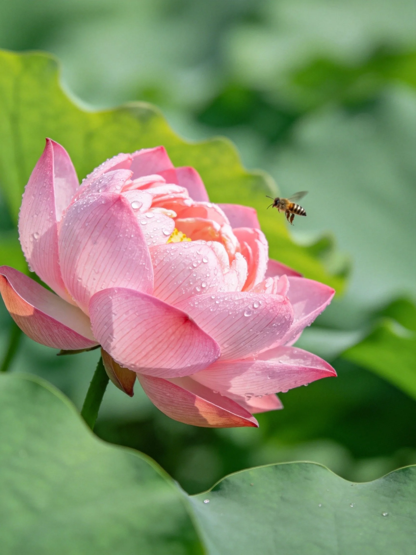 Pink lotus blossom with dewdrops and a bee amidst green foliage