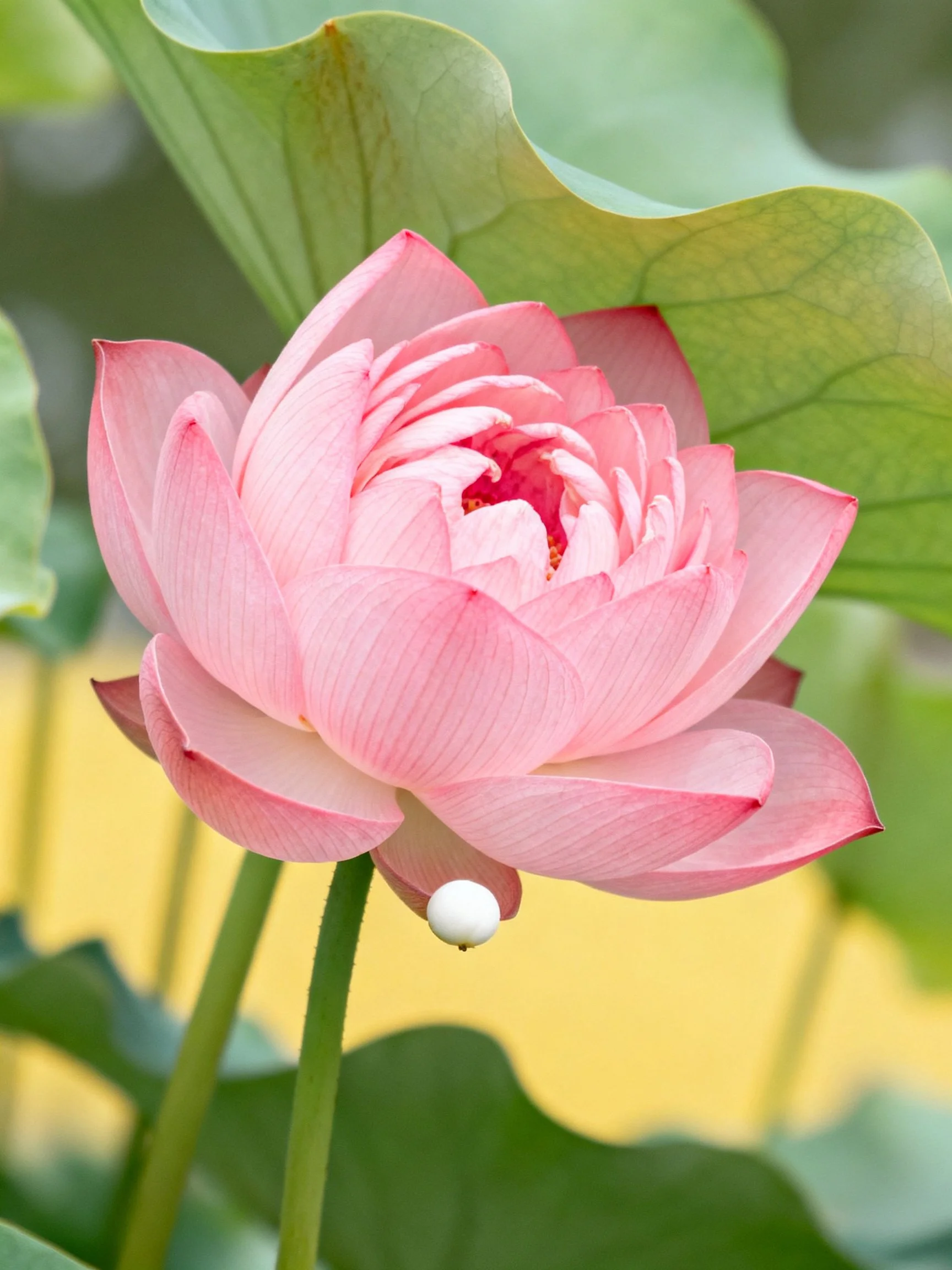 Pink lotus blossom with green leaves and small white bud