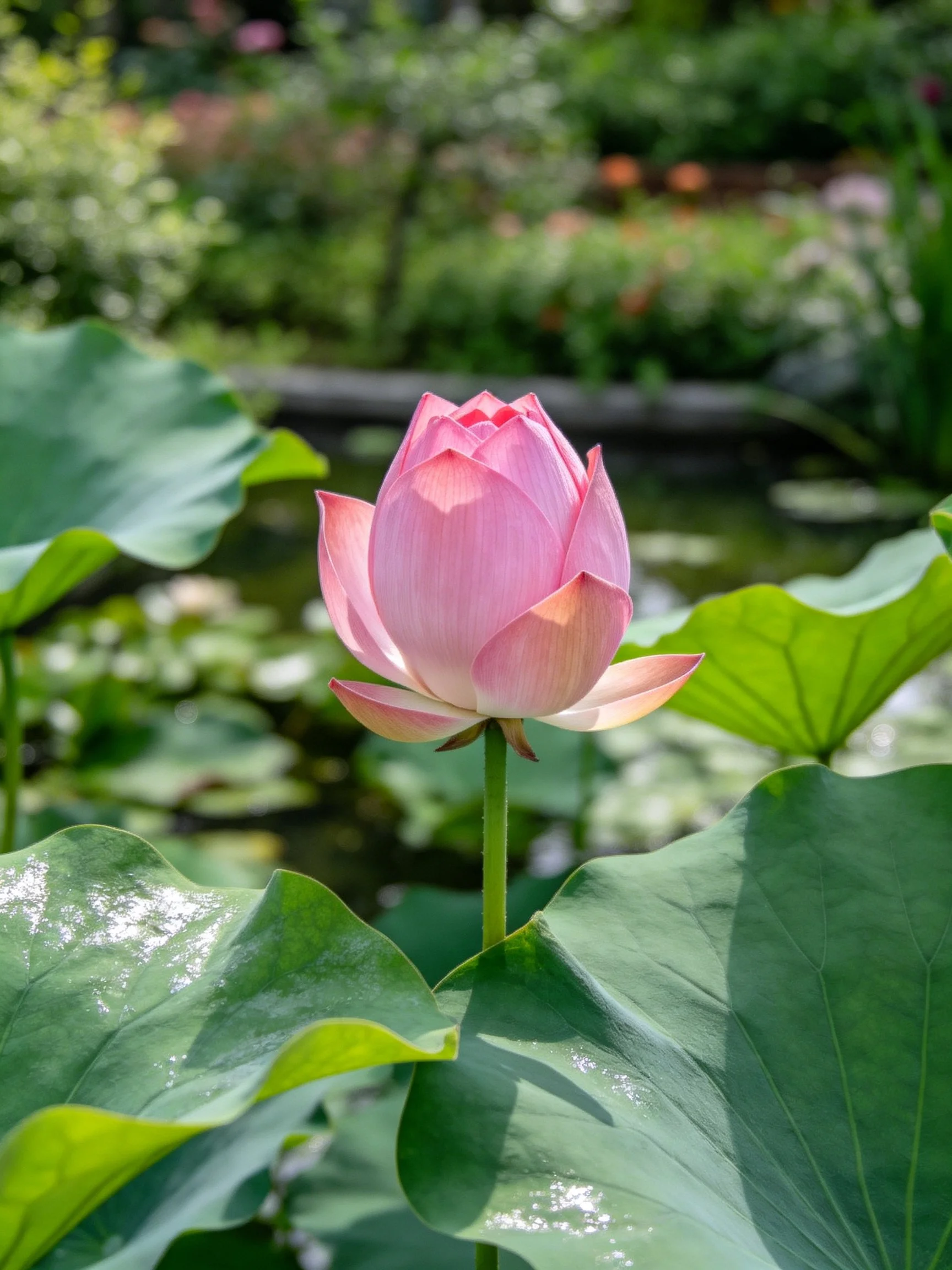 Pink lotus bud amid broad green leaves near a tranquil pond