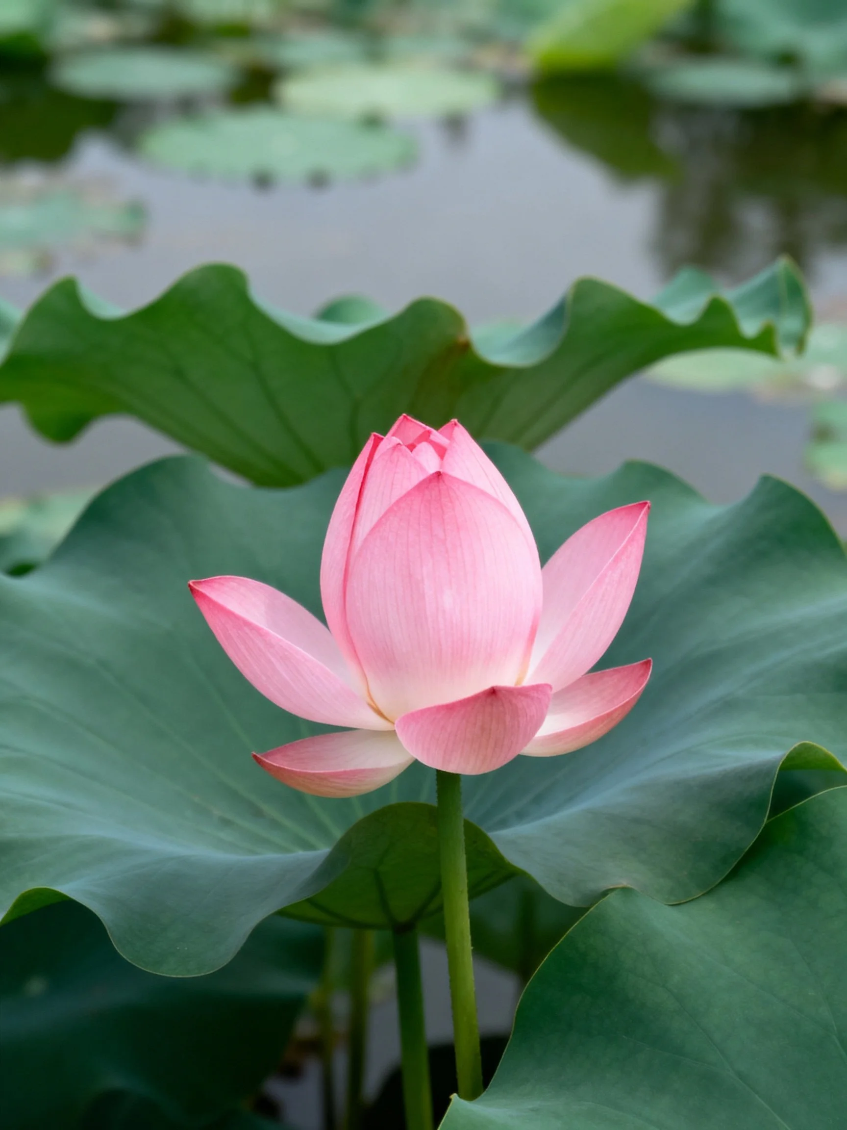 Pink lotus bud amid large green lily pads by calm water