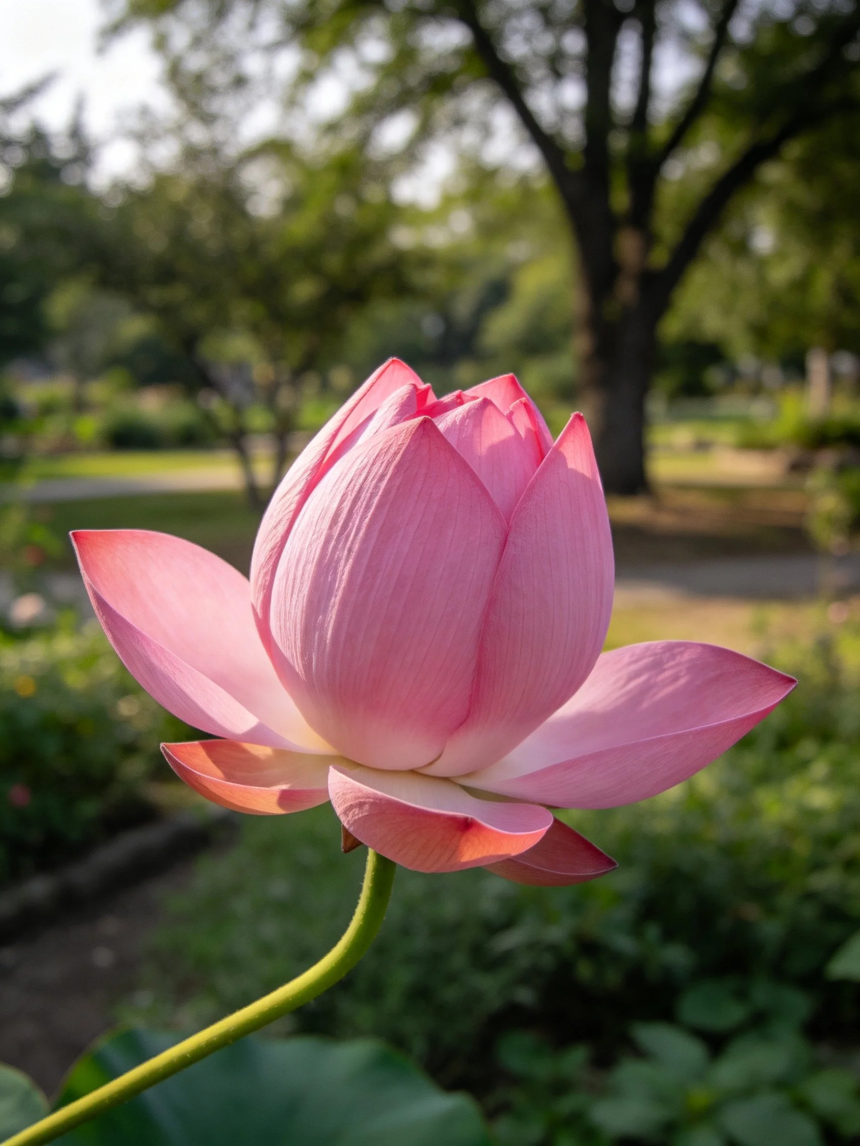Pink lotus bud centered in a sunlit garden