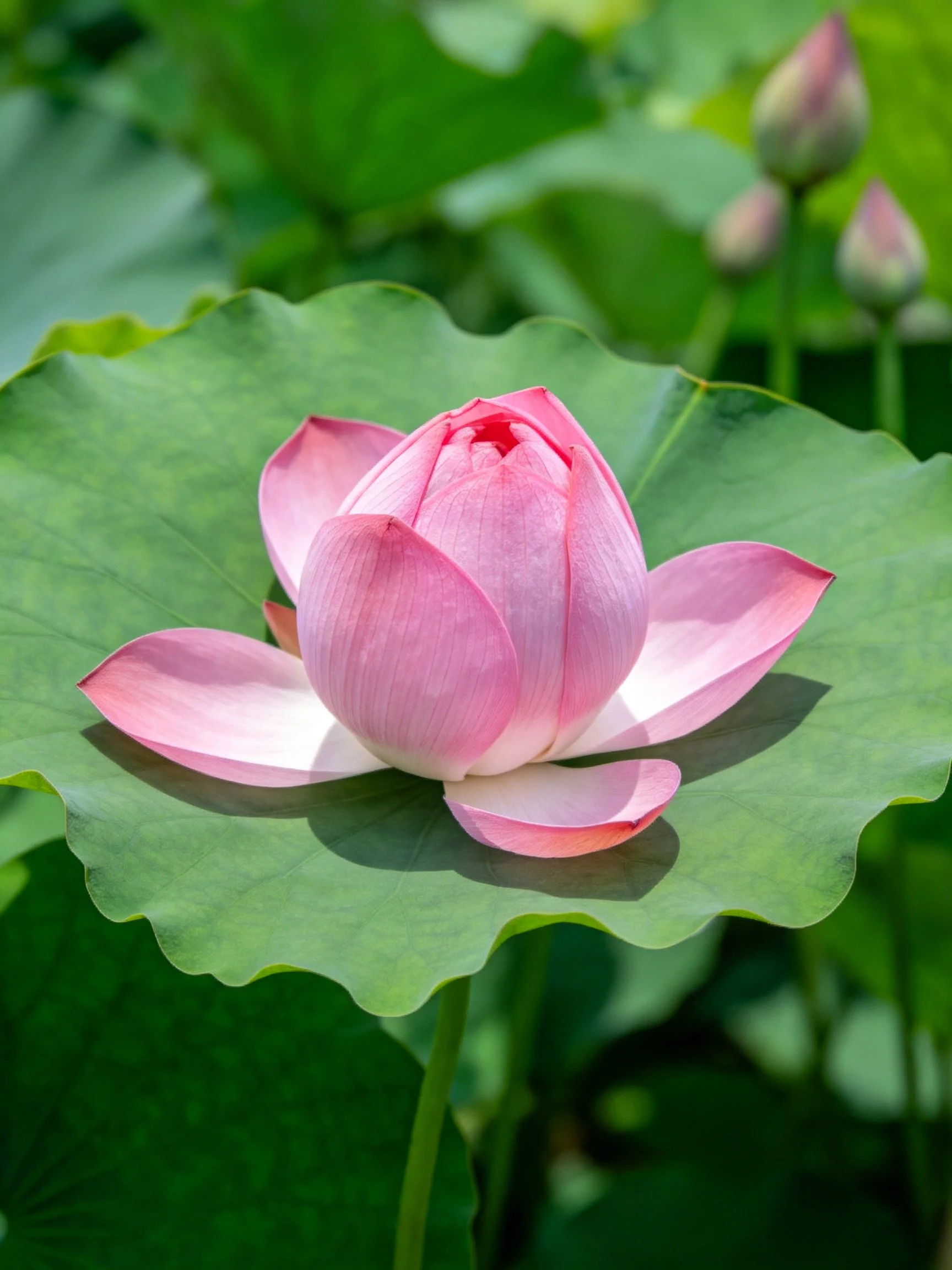 Pink lotus bud centered on a broad green leaf