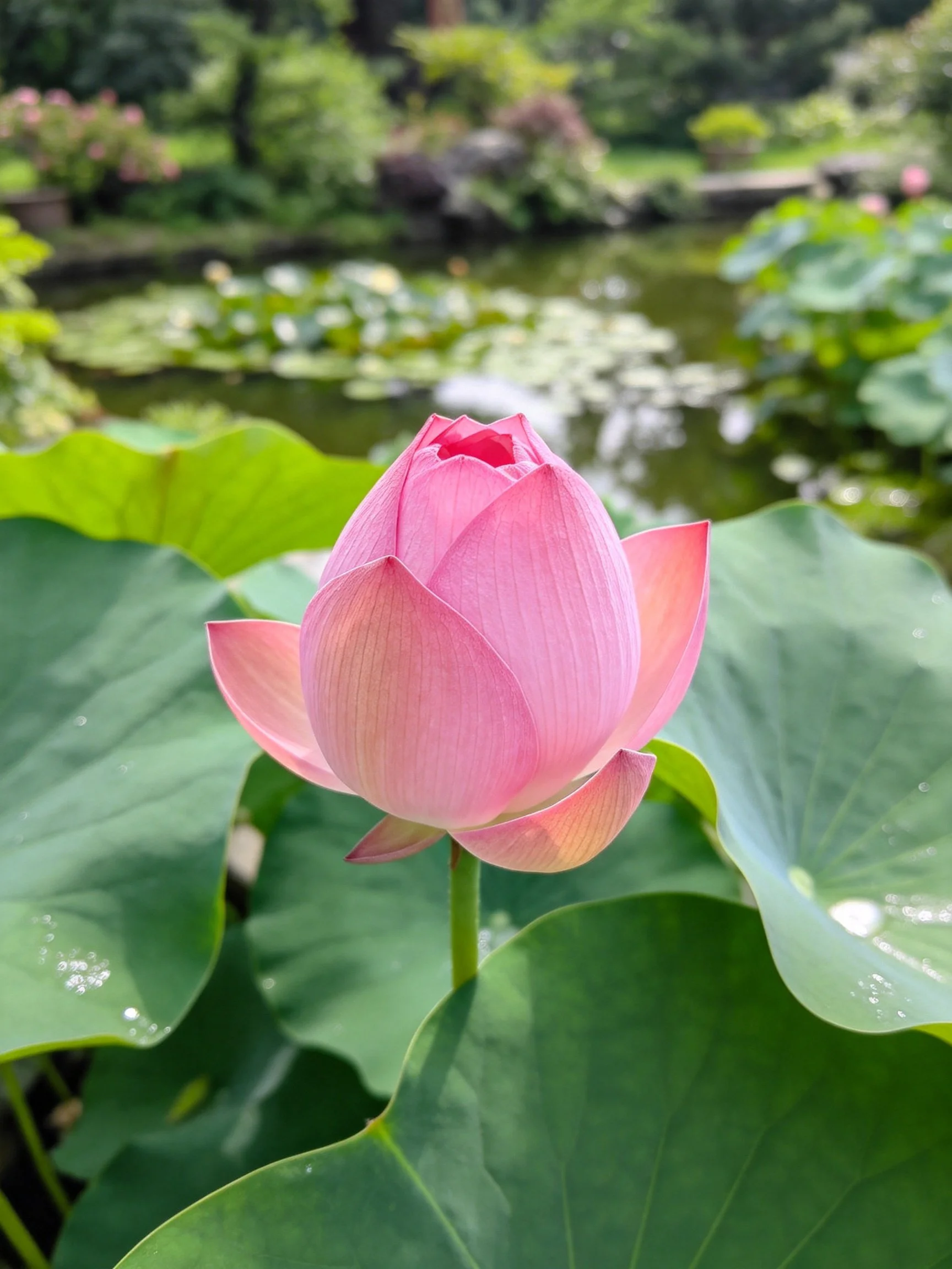 Pink lotus bud surrounded by broad green leaves near a pond