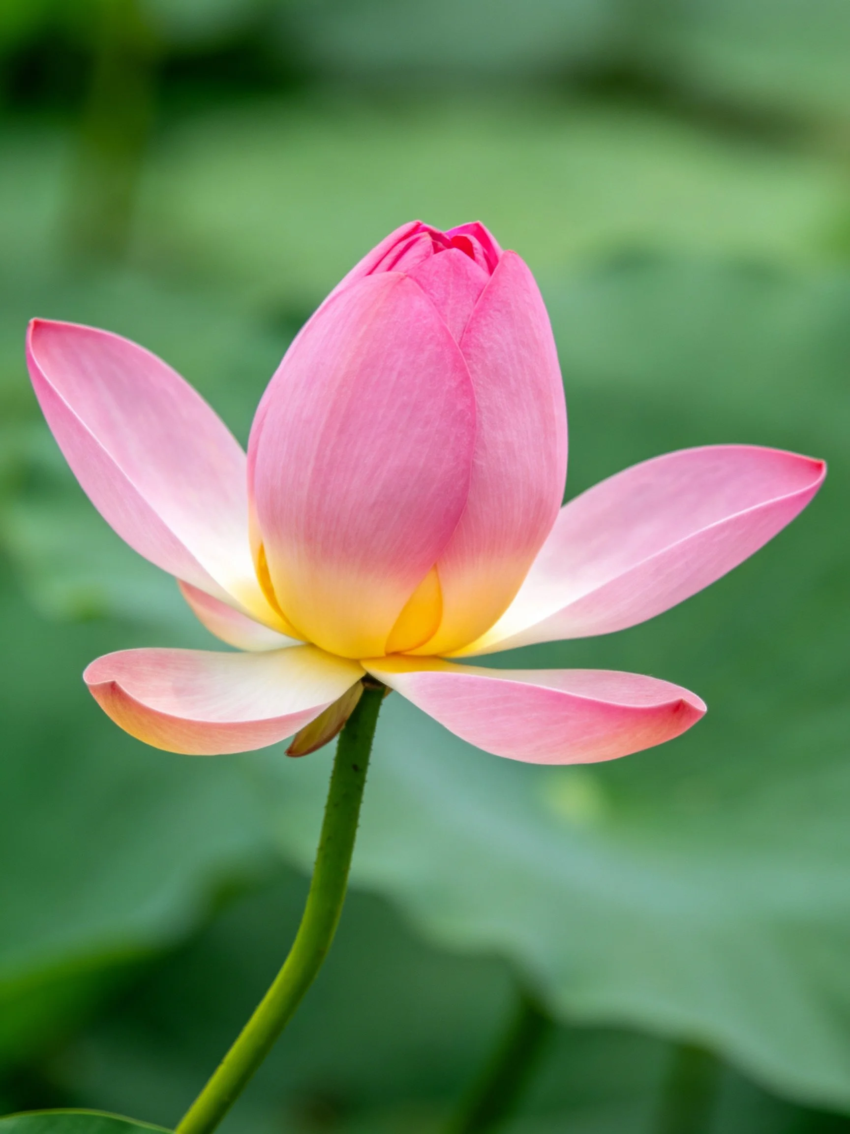 Pink lotus bud with soft petals and yellow center
