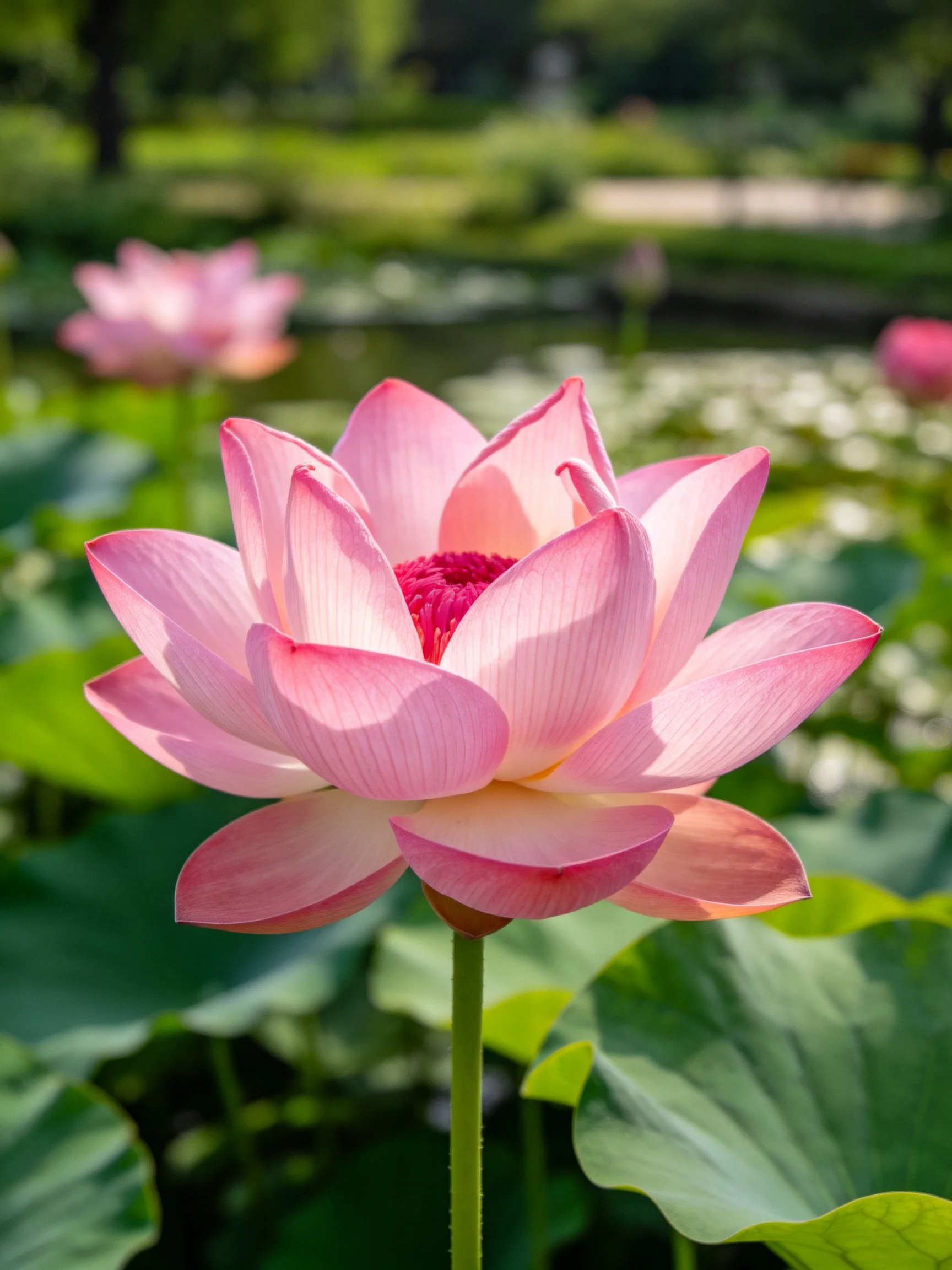 Pink lotus flower blooming amid green foliage and water