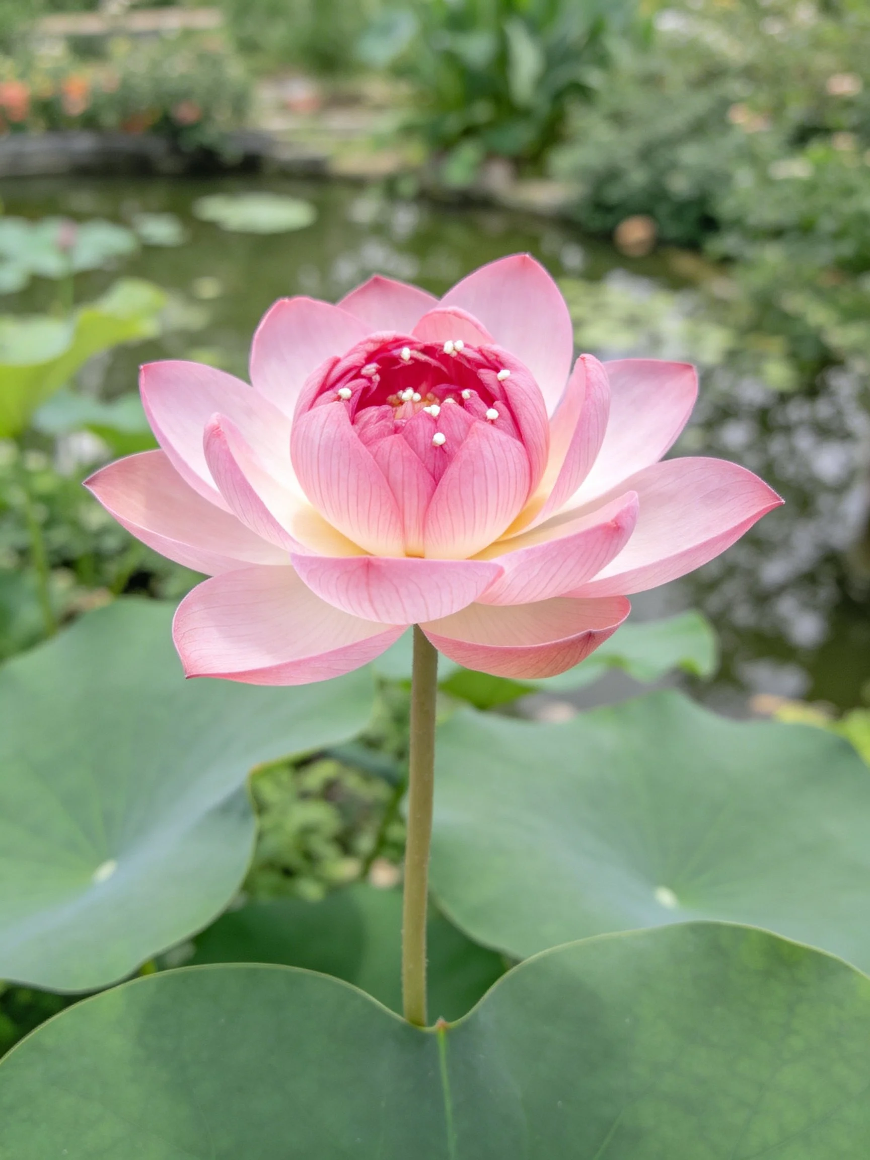 Pink lotus flower blooming among large green leaves near water