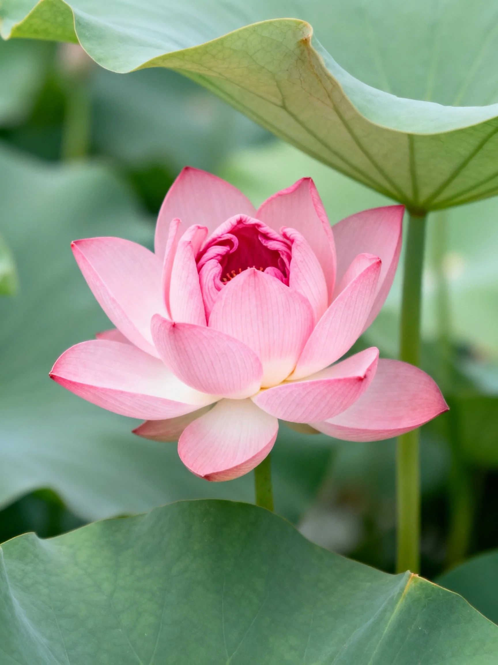 Pink lotus flower blooming among large green leaves