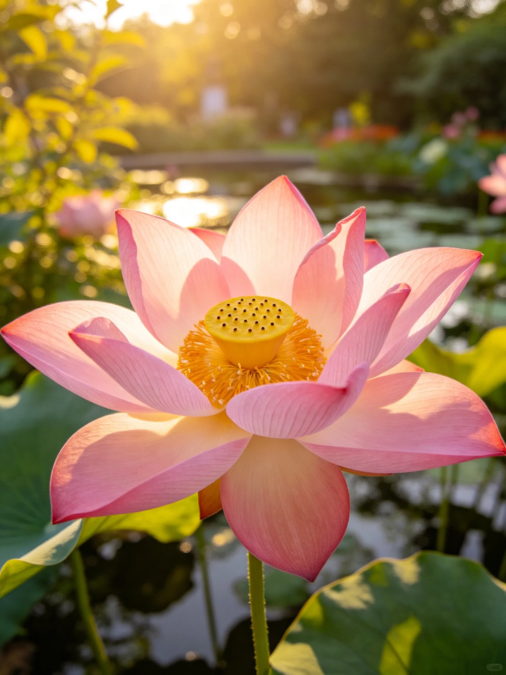Pink lotus flower blooming near green lily pads under golden sunlight
