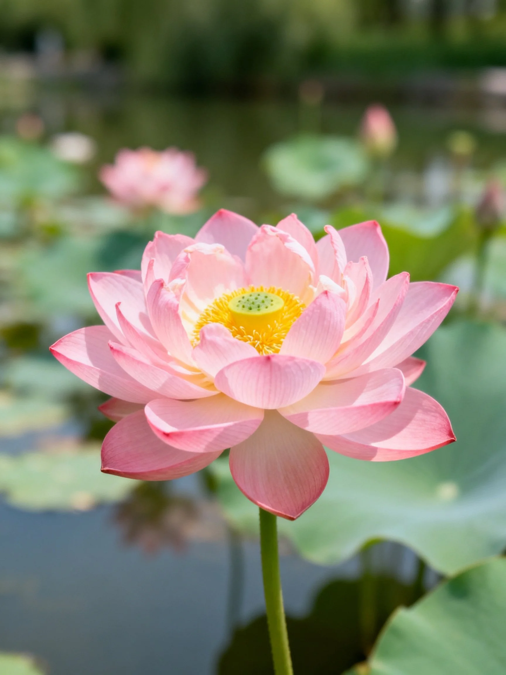 A pink lotus flower blooms near green lily pads in a peaceful pond.