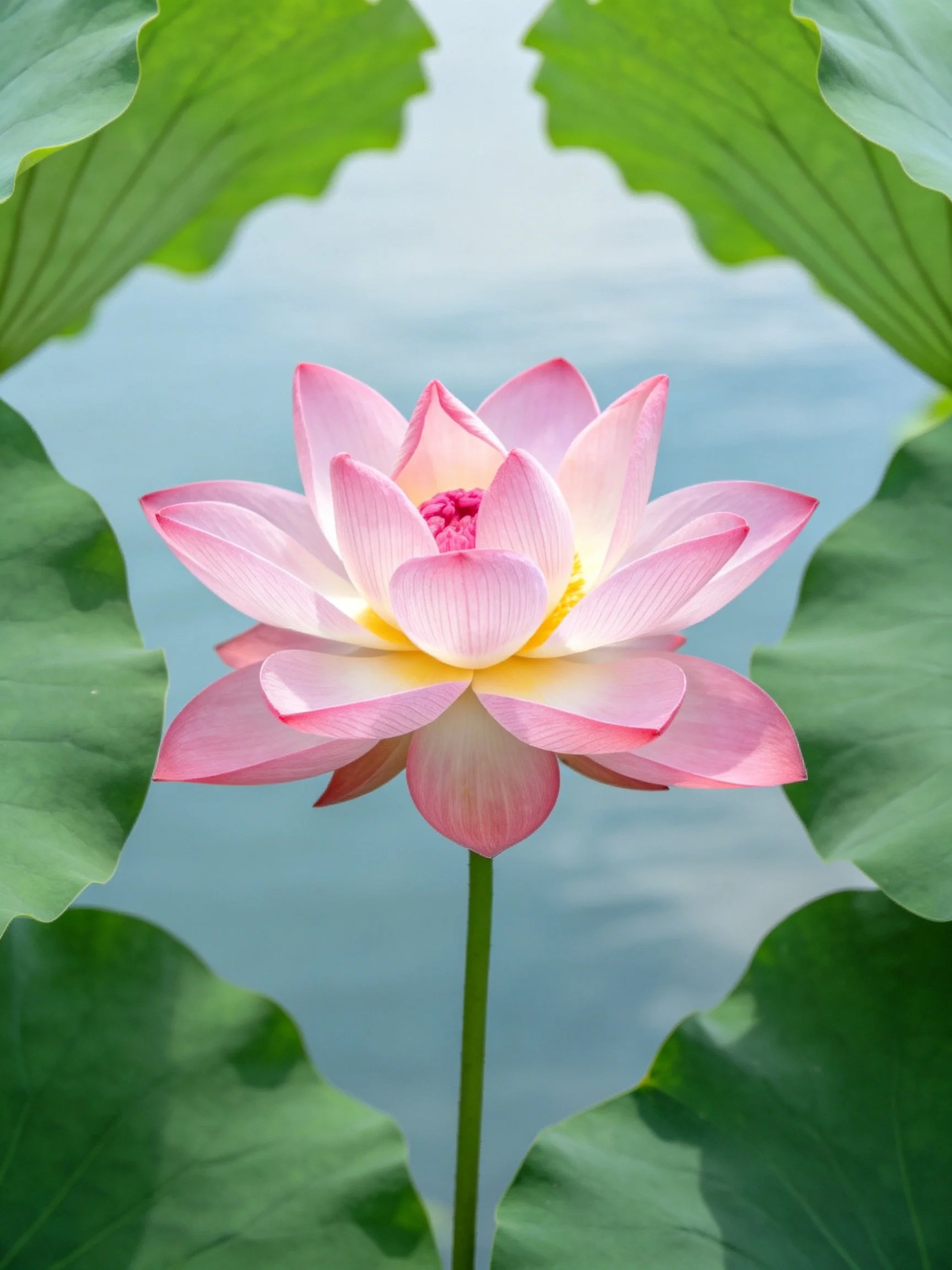 Pink lotus flower framed by large green leaves over calm water