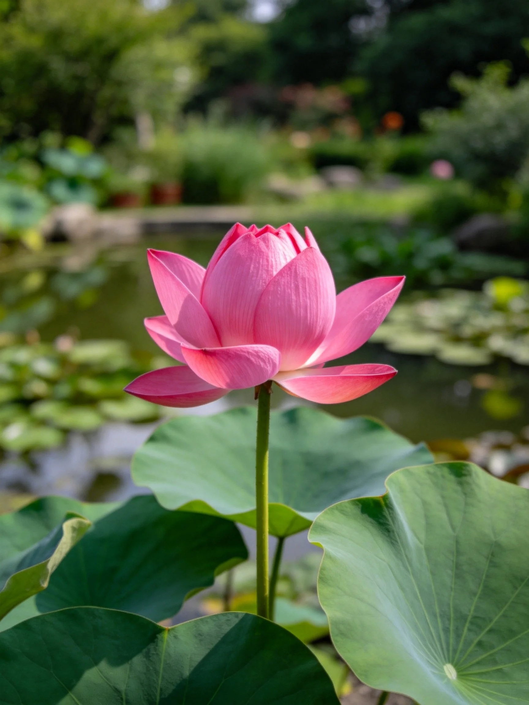 Pink lotus flower surrounded by large green leaves near a pond