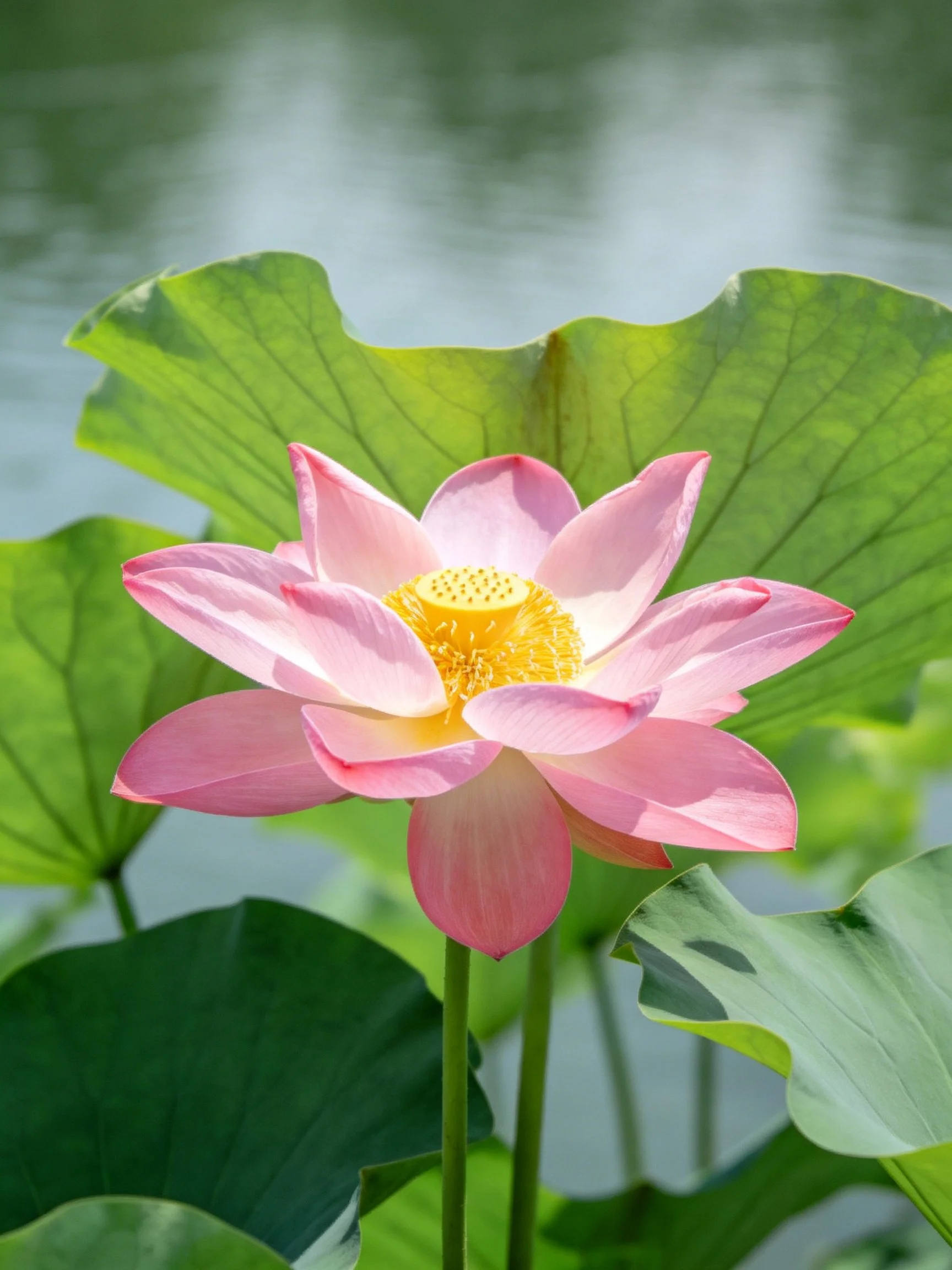 Pink lotus flower surrounded by large green leaves near calm water
