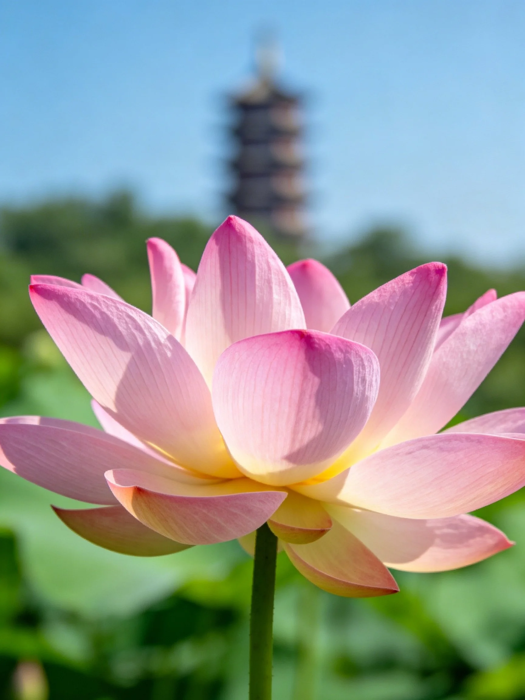 Pink lotus flower with ancient pagoda backdrop