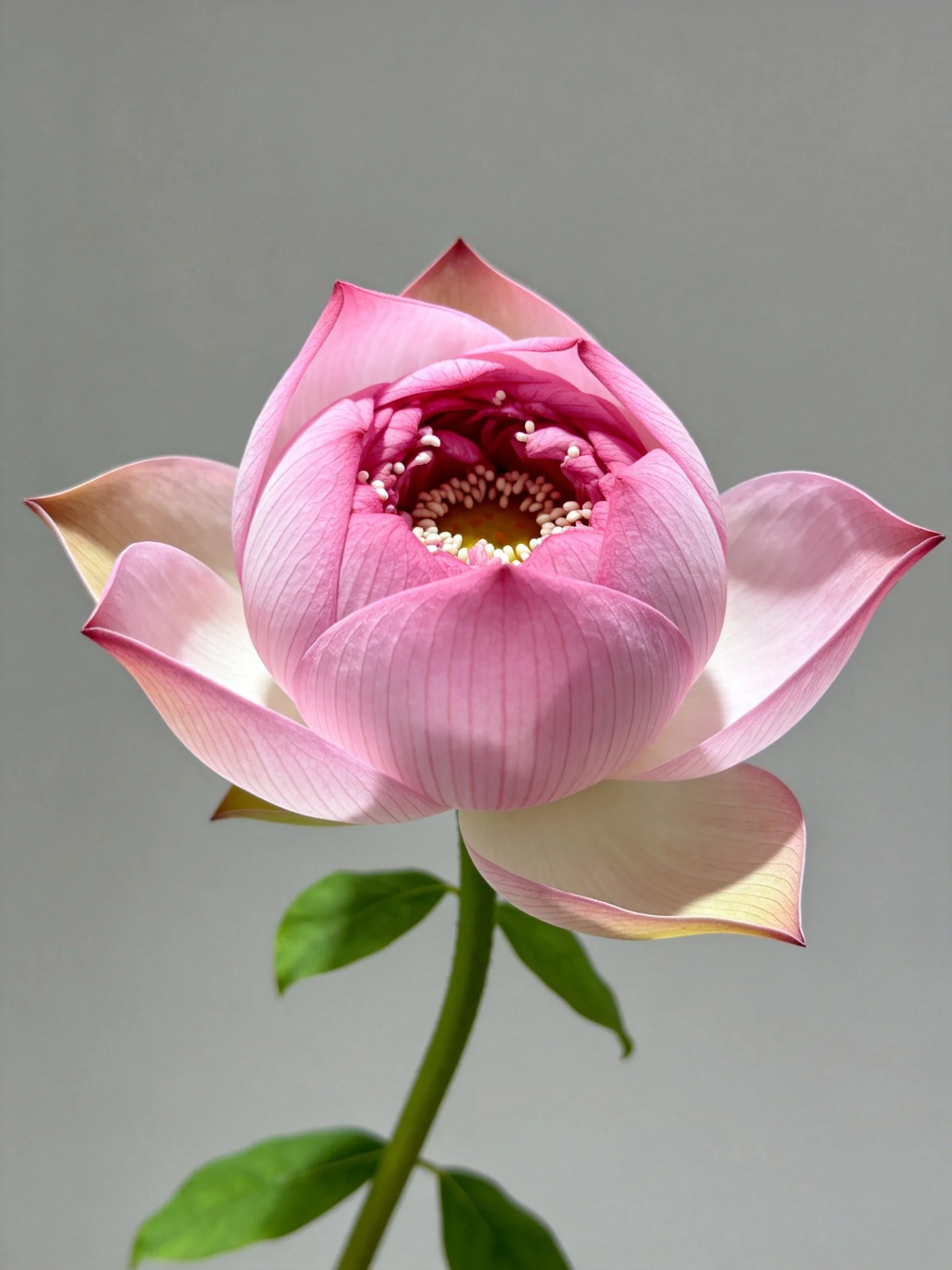 Pink lotus flower with green leaves and soft petals