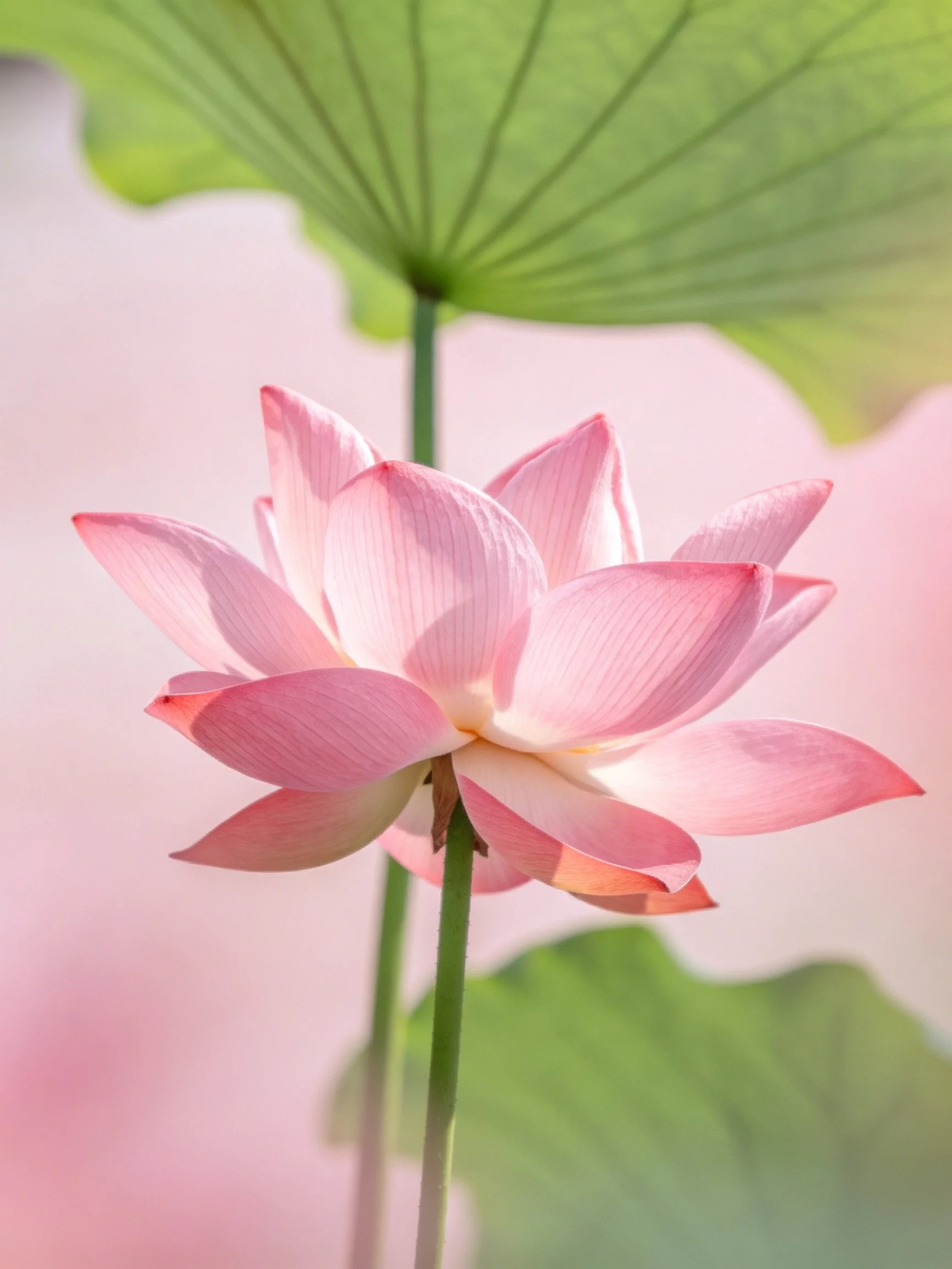 A pink lotus blooms gracefully amid large green leaves in a softly lit environment.