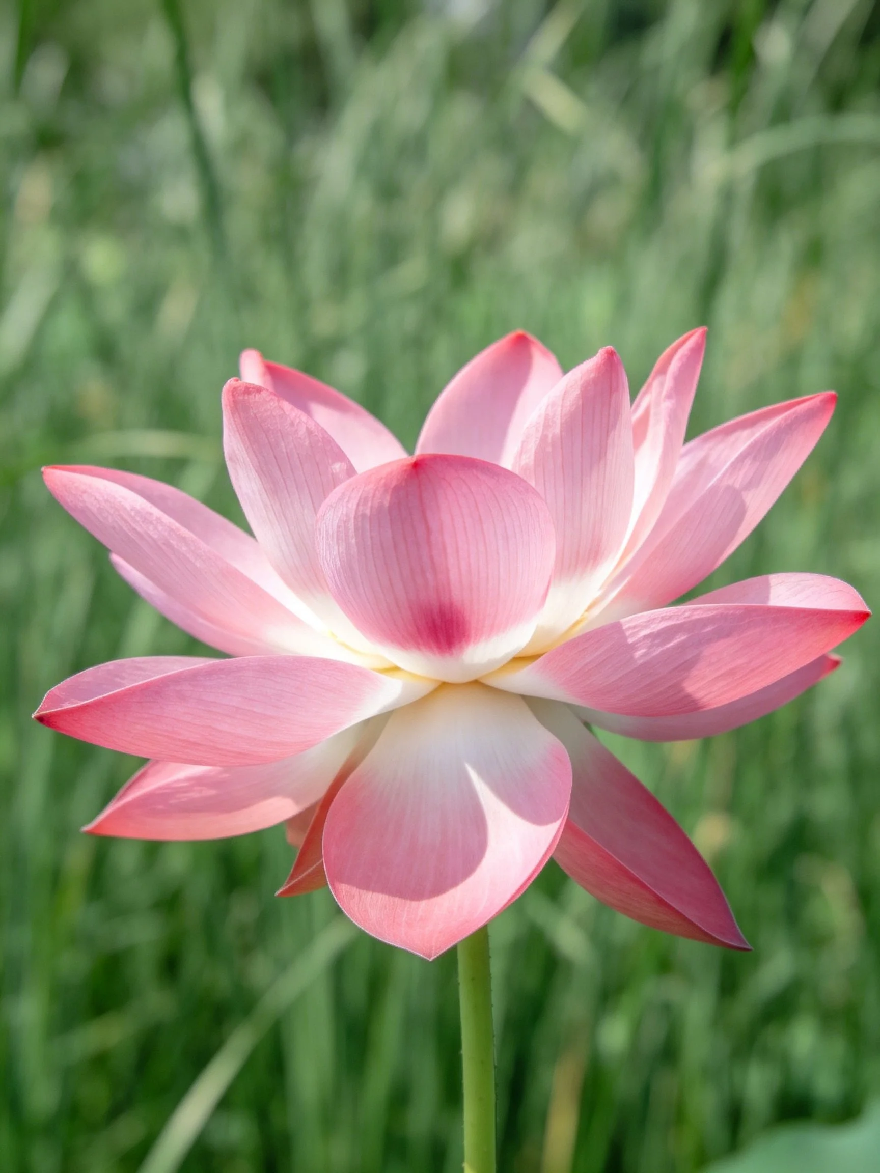 Pink lotus flower with layered petals against green foliage
