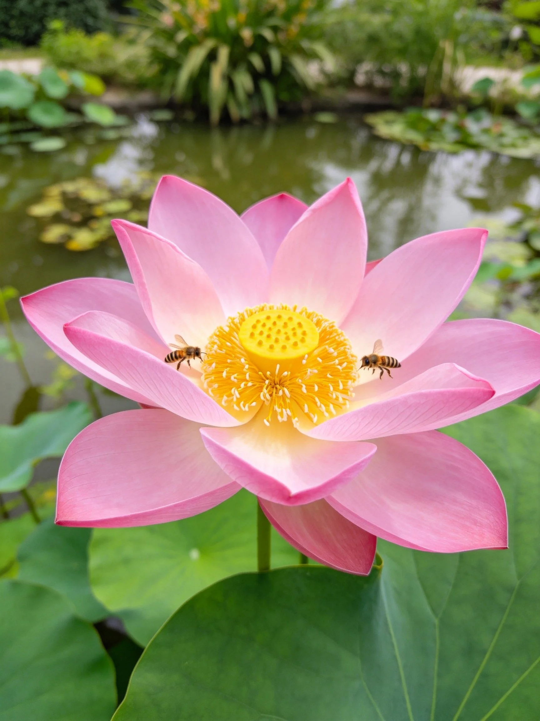 Pink lotus flower with two bees on petals