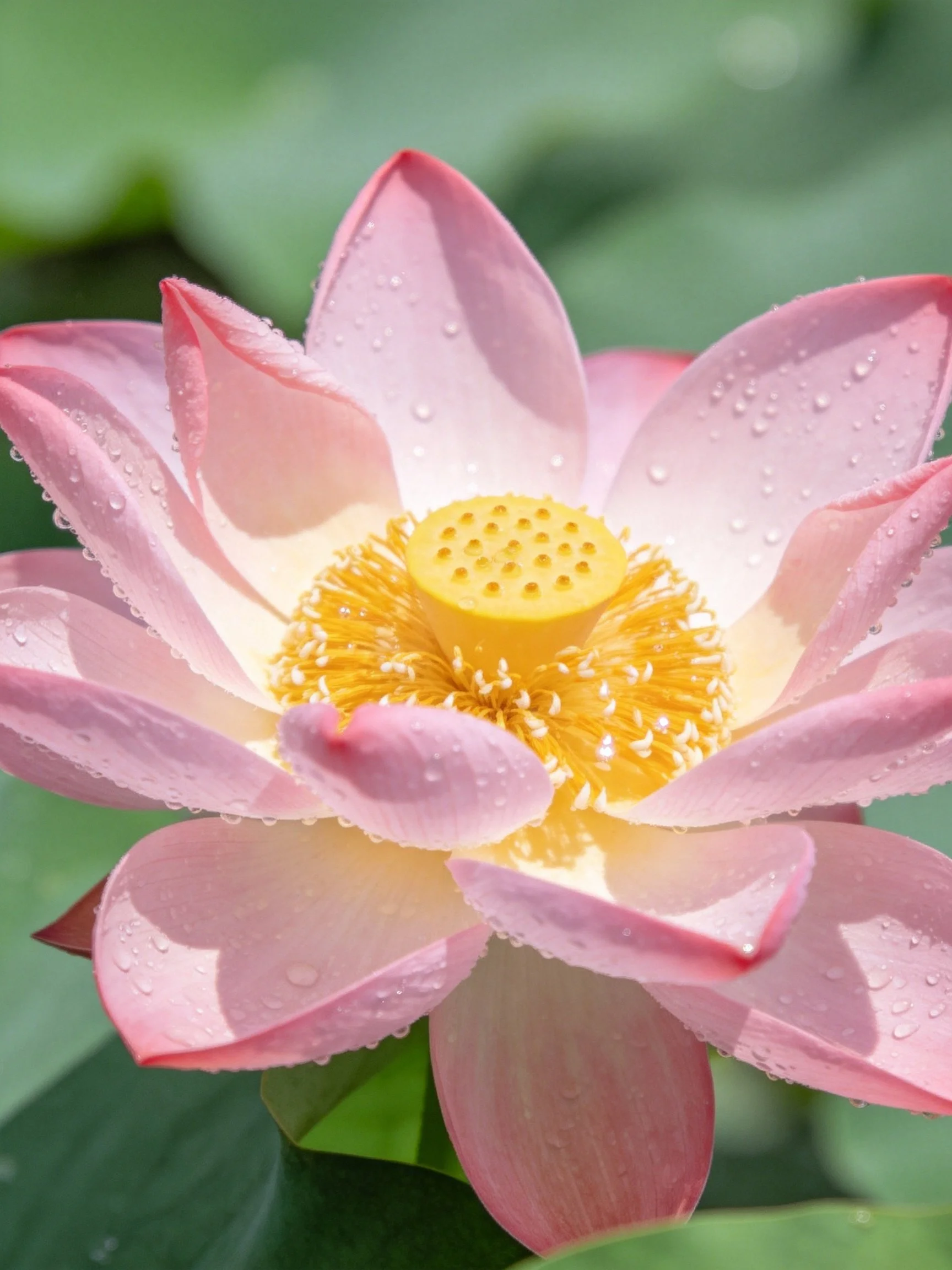 Pink lotus flower with water droplets on petals