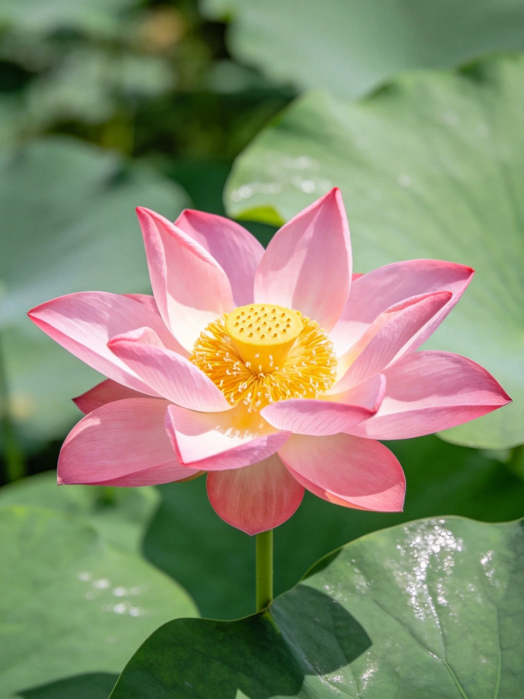Pink lotus flower with yellow center amid green lily pads
