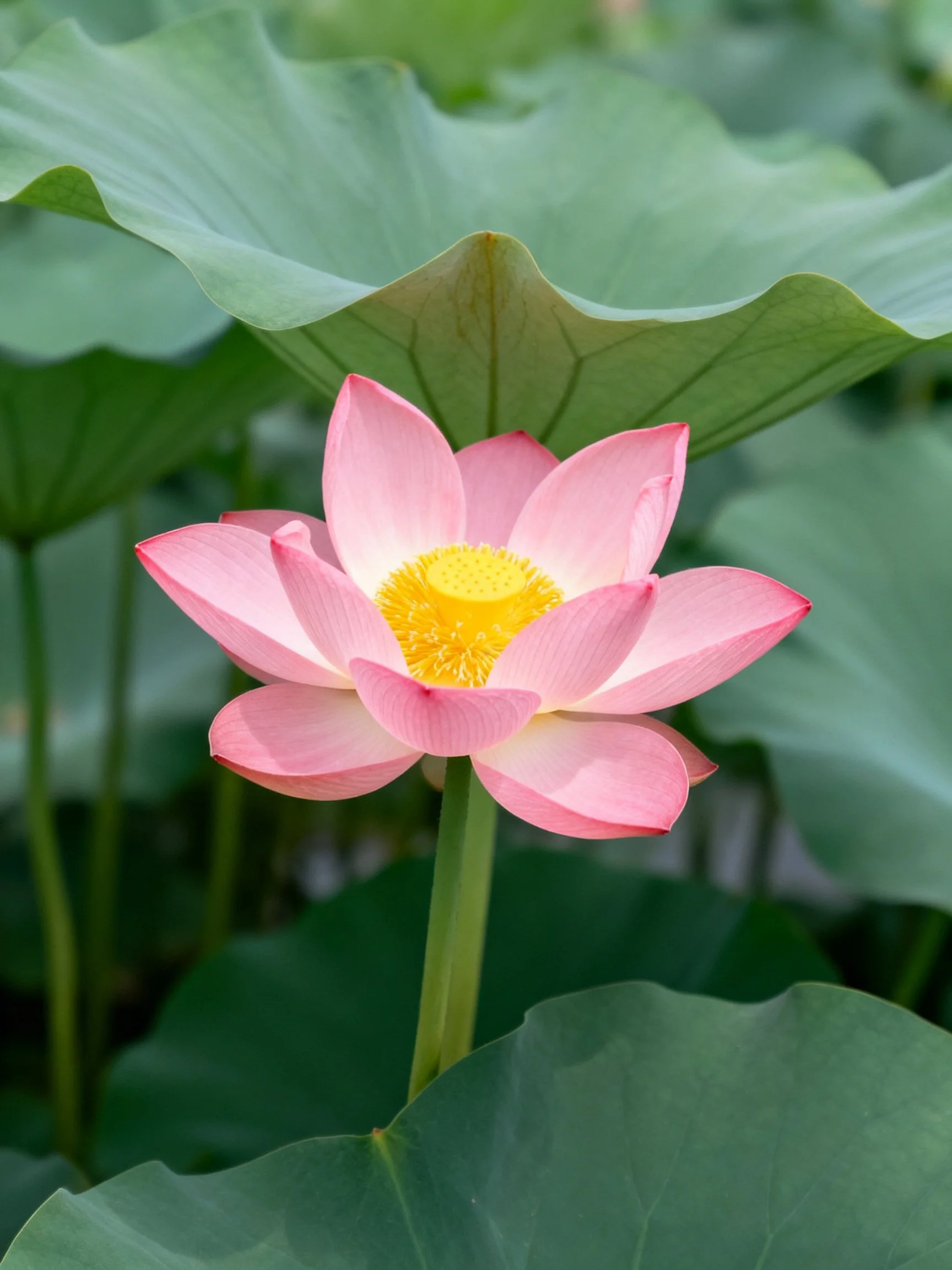 Pink lotus flower with yellow center among large green leaves