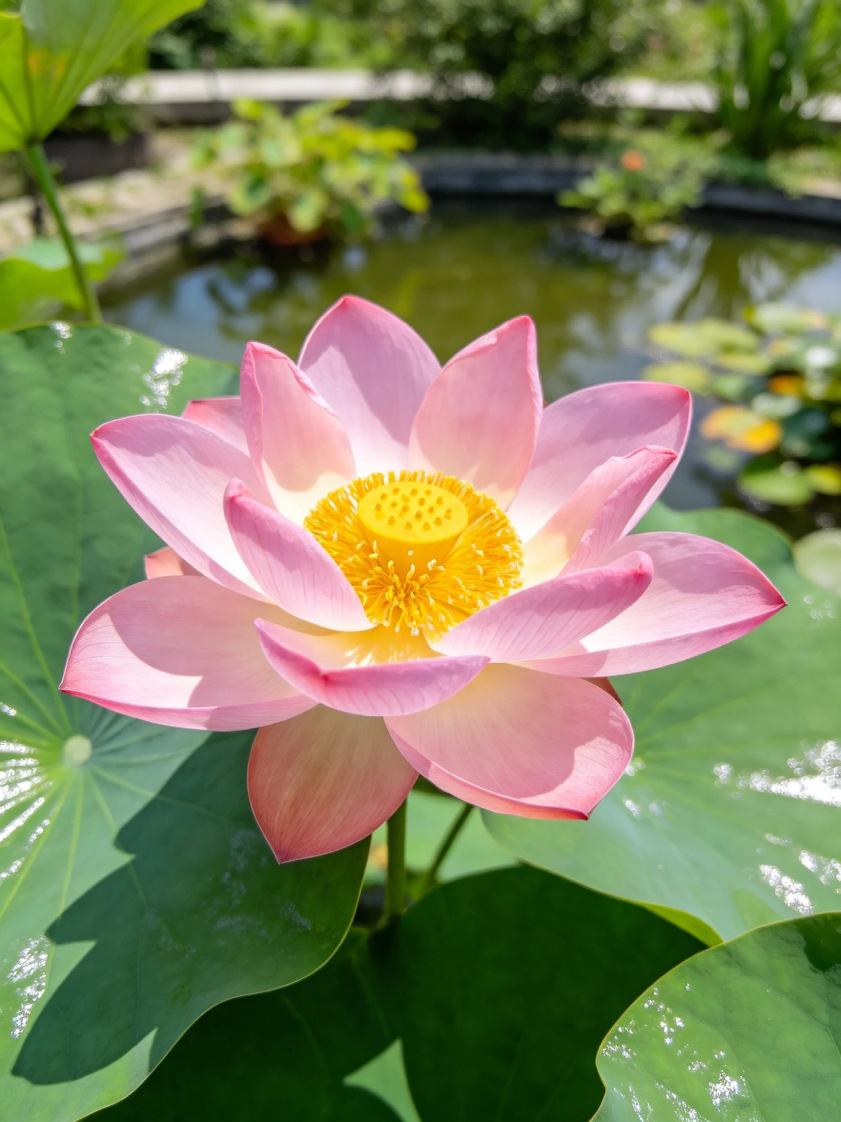 Pink lotus flower with yellow center among large green leaves near pond