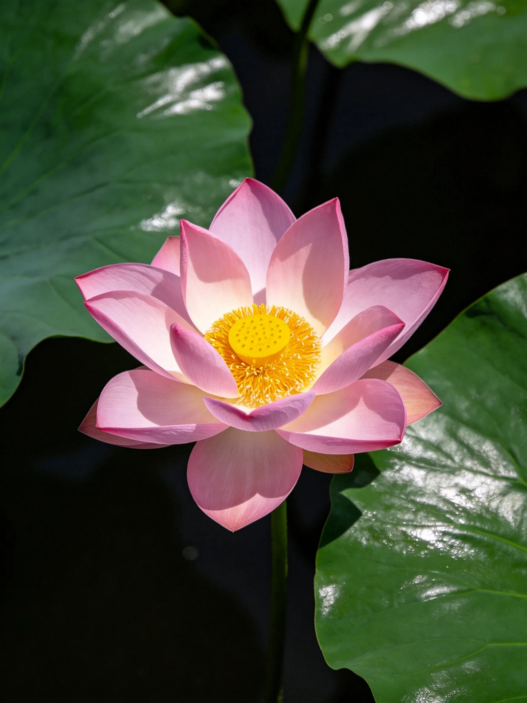 Pink lotus flower with yellow center and large green leaves