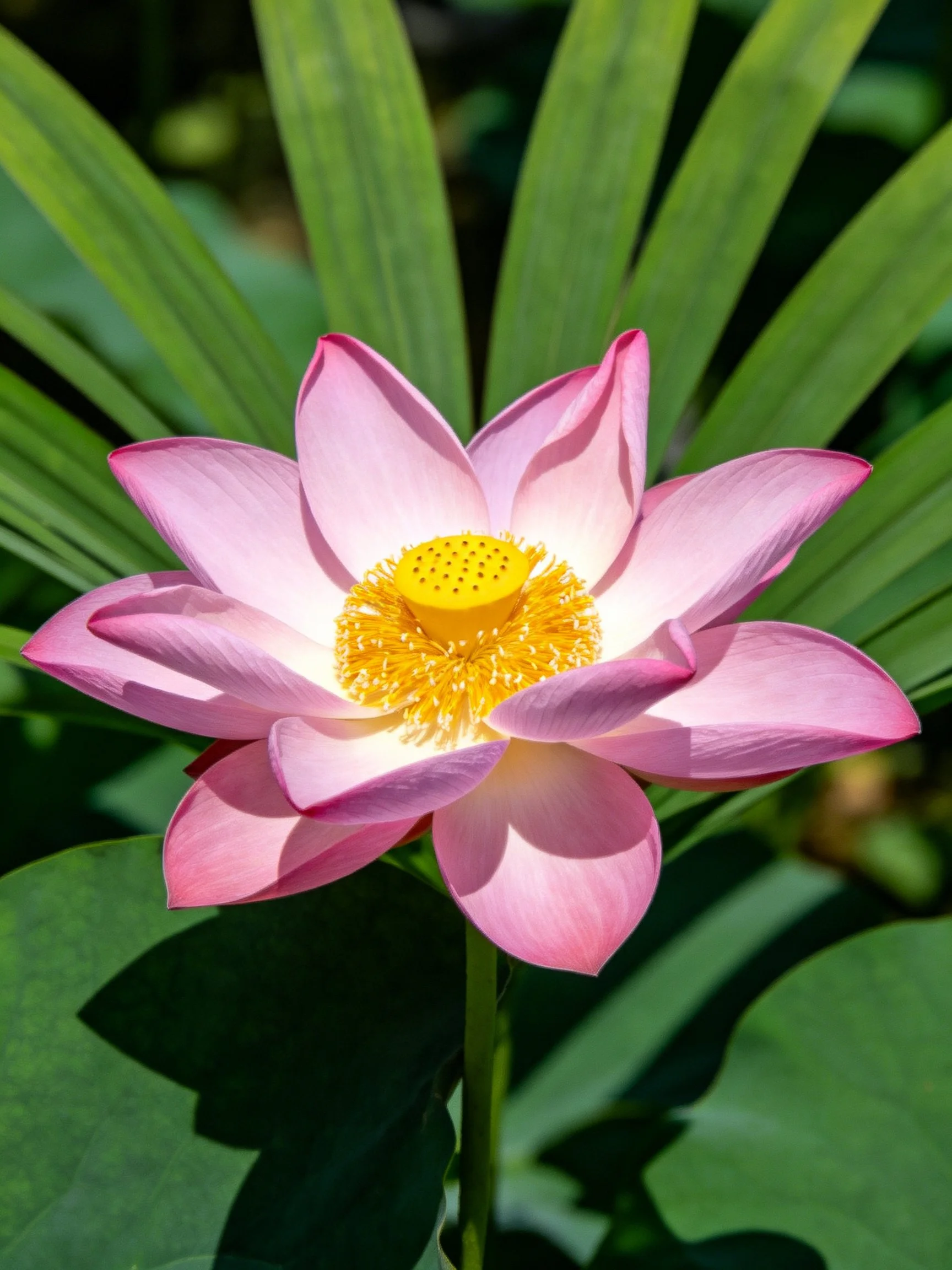 Pink lotus with golden center and broad green leaves