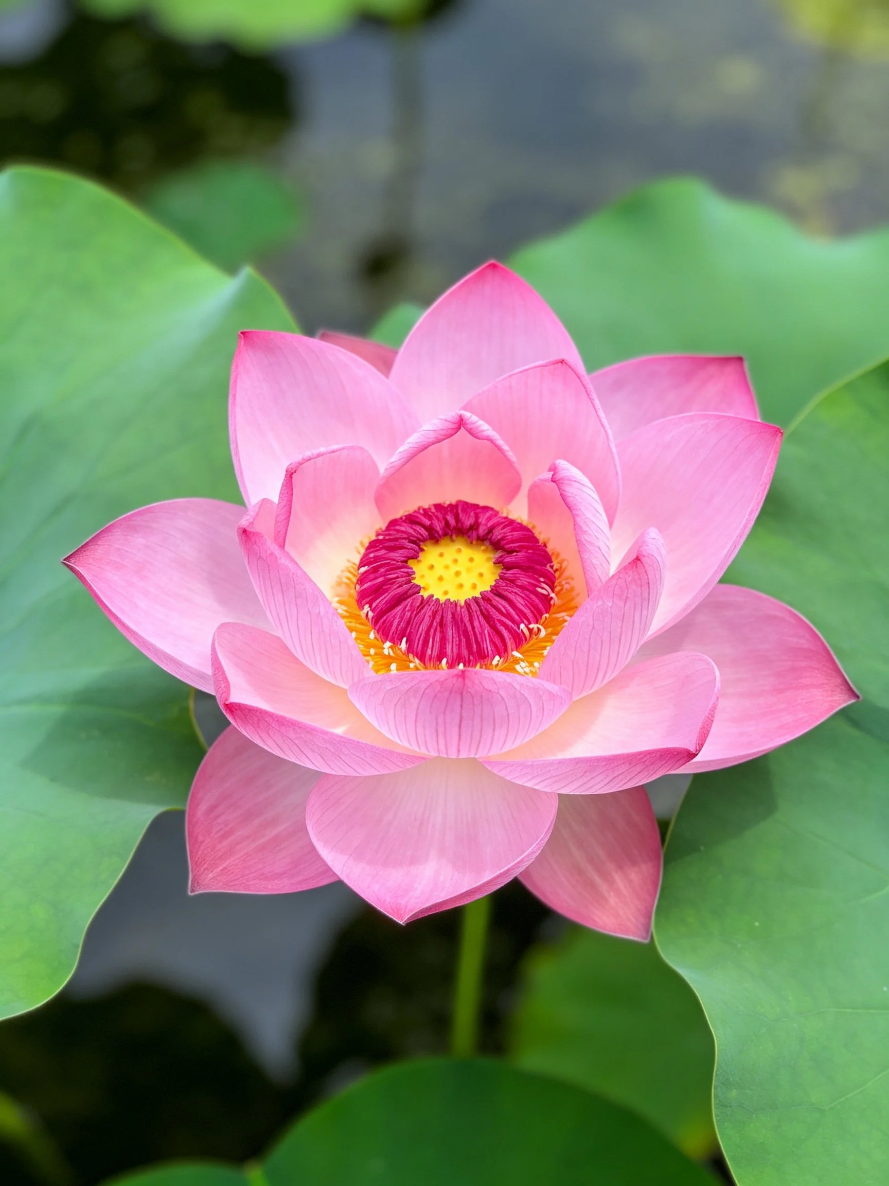 Pink lotus with layered petals and colorful center