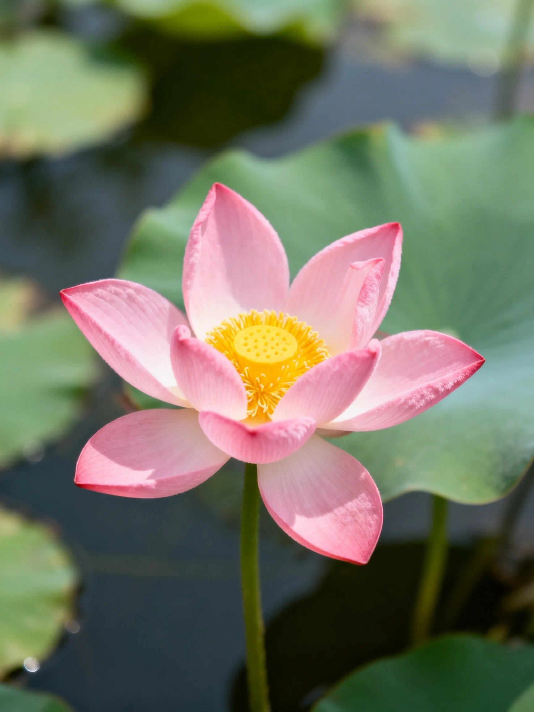 Pink lotus with yellow center near green lily pads