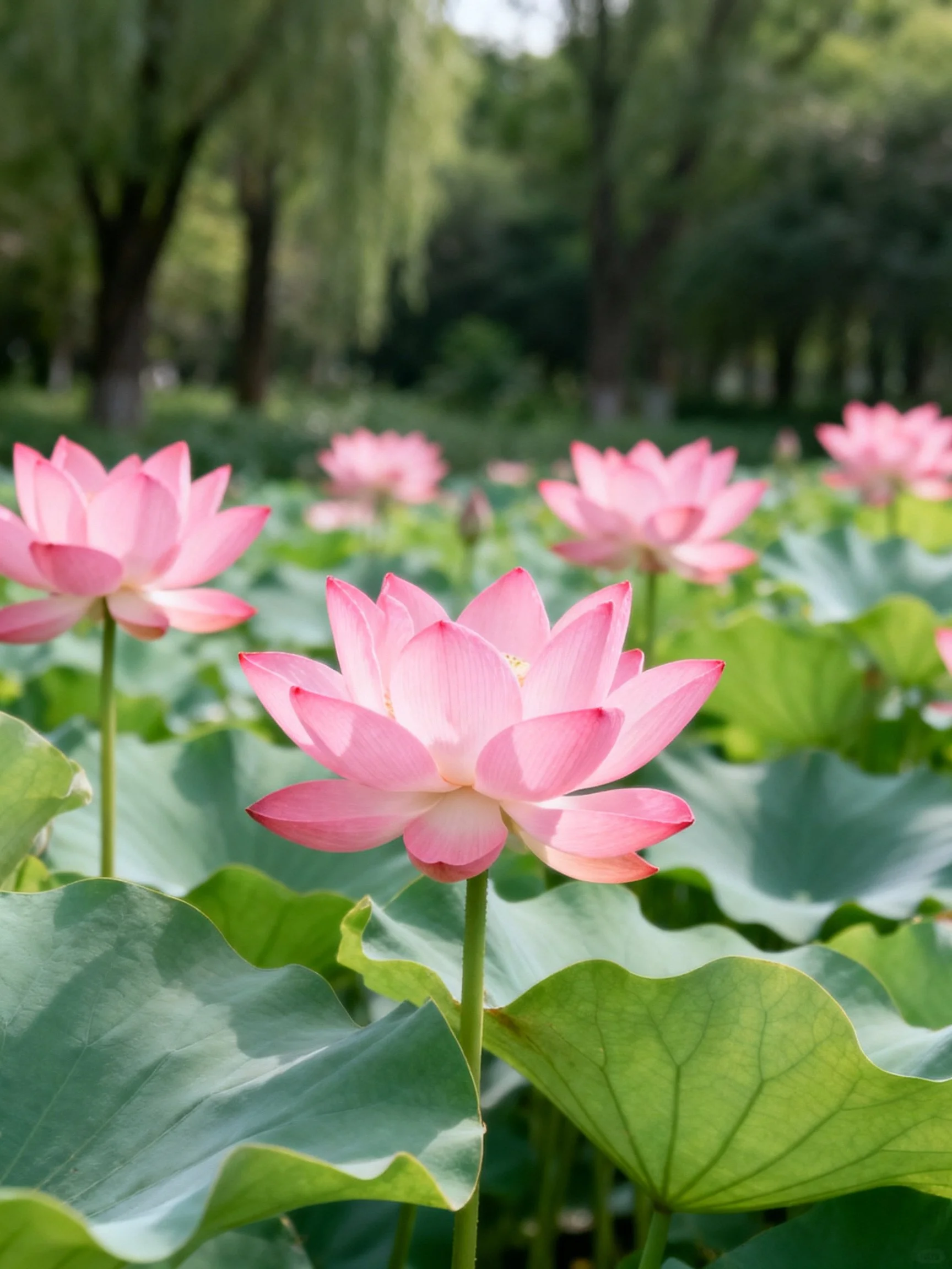 Pink lotuses bloom amid broad green leaves and trees